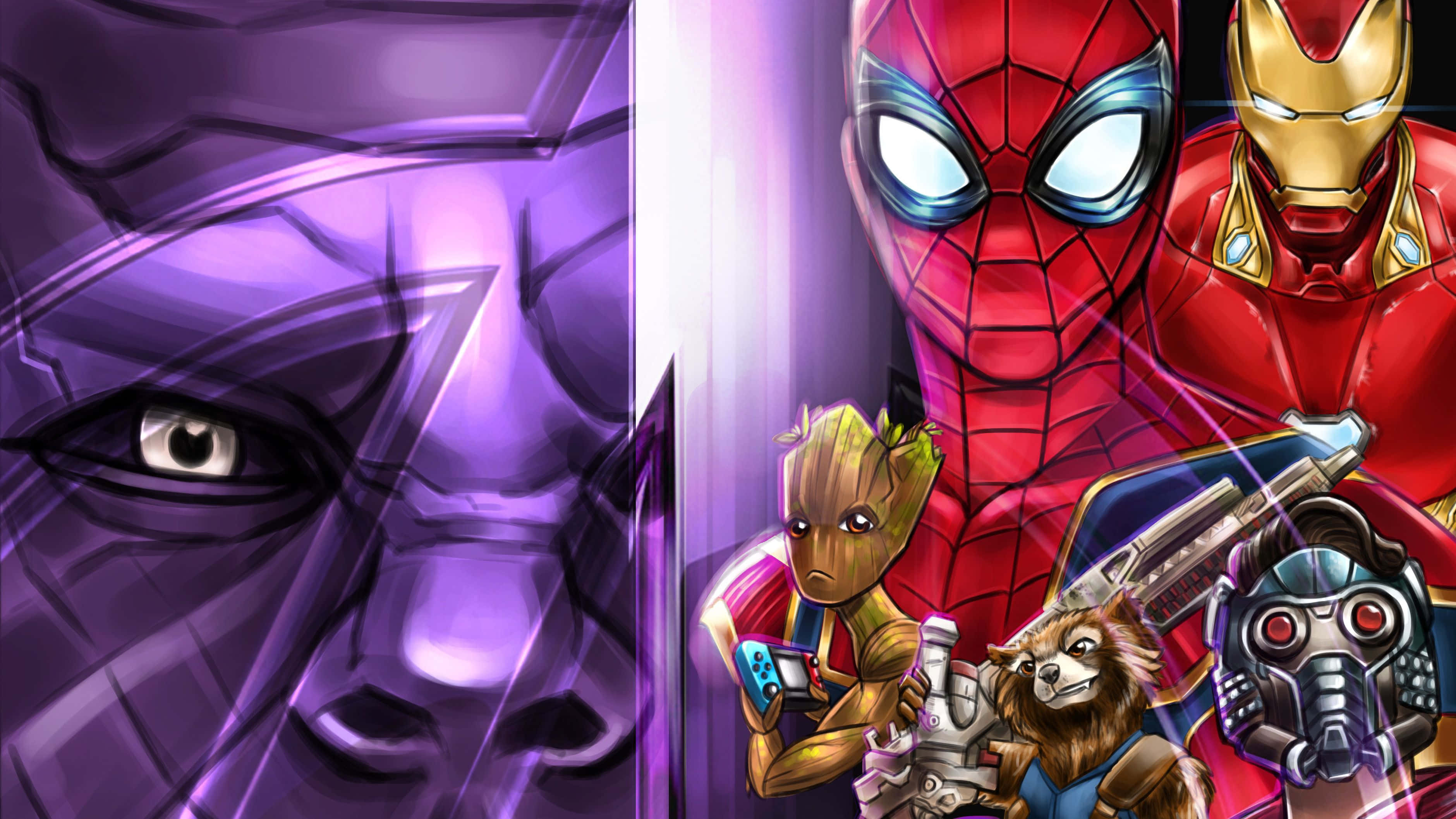 Earth's Mightiest Heroes 桌布 壁紙 — 一個分屏數位藝術桌布顯示左側紫色皮膚的薩諾斯，右側一群漫威英雄，包括蜘蛛人、鋼鐵人、格魯特、火箭浣熊和星爵。