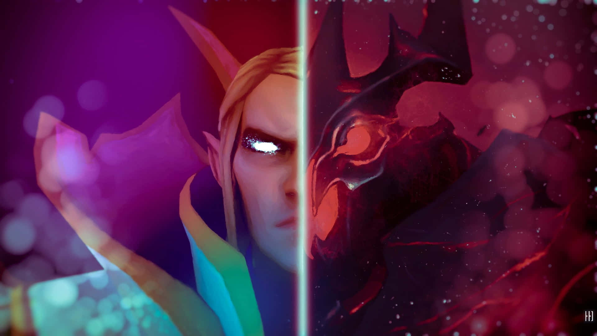 1920x1080 Dota 2 桌布 壁紙 — 一個分屏數位藝術肖像，描繪一個發光眼睛的精靈面對一個黑暗惡魔般的人物，背景是充滿活力的紫色和紅色散景。