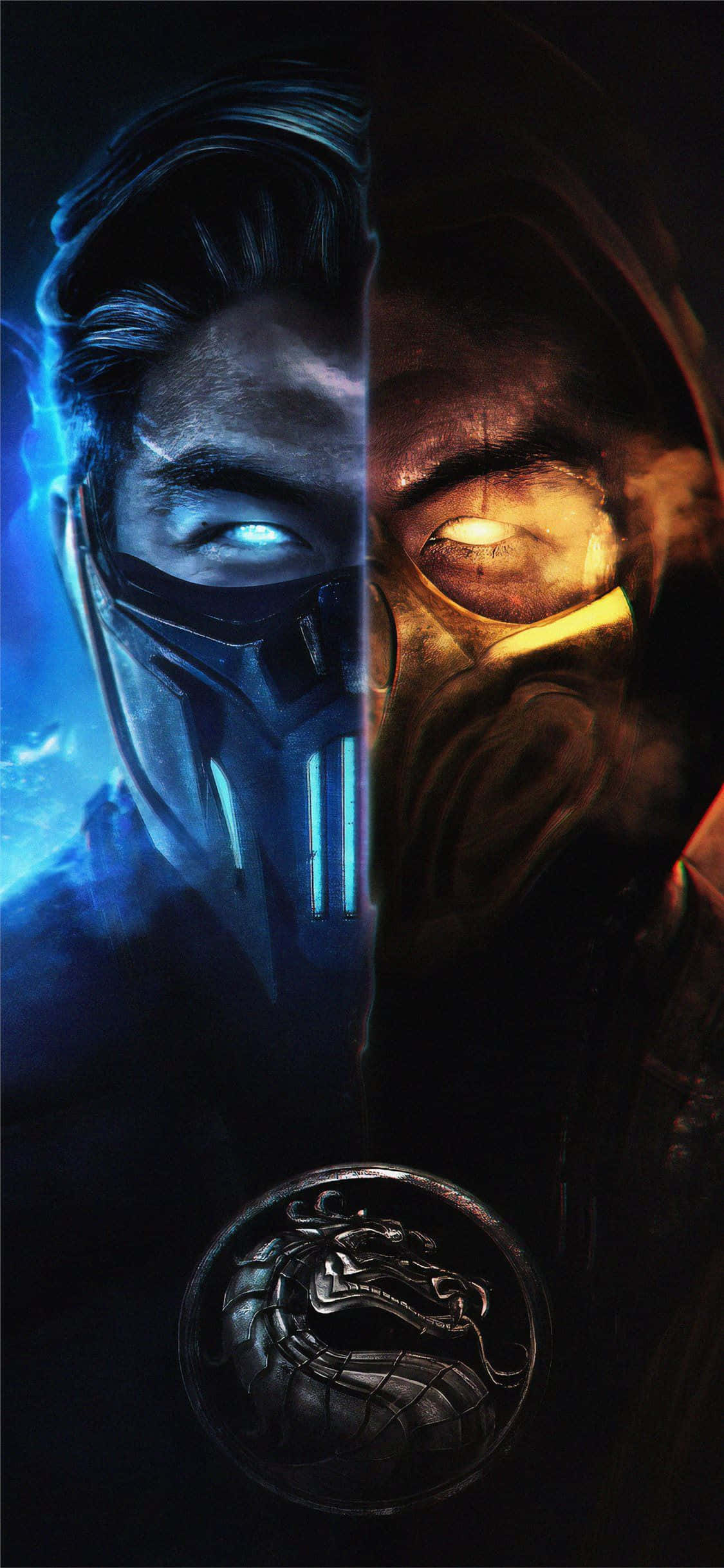 Mortal Kombat iPhone 桌布 壁紙 — 一個分屏數位藝術肖像，描繪了兩名戴面具的戰士，一個發出藍光，另一個呈火橙色，下方有一個龍形徽章。