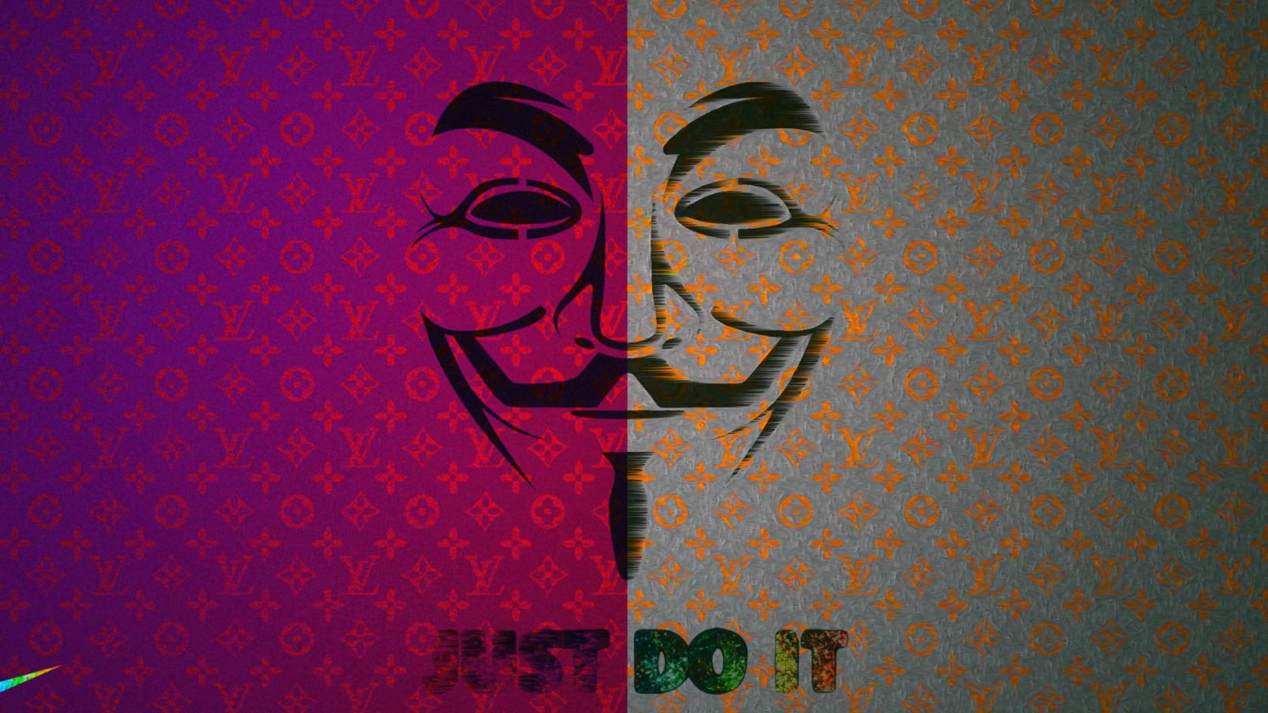 就去做吧 桌布 壁紙 — 一個分屏的蓋伊·福克斯面具，背景是路易威登圖案，下方有 'JUST DO IT' 文字。