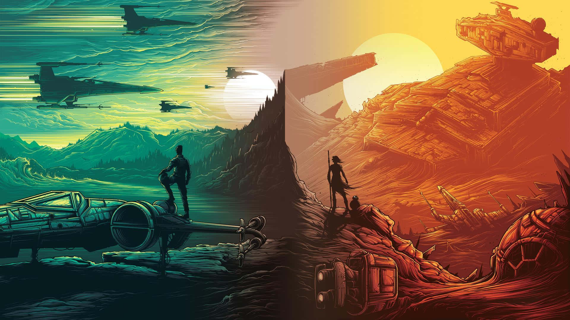 poster 桌布 壁紙 — 一個分屏科幻場景顯示一個綠色星球，有星際戰鬥機和一個孤獨的身影站在飛船旁邊，與一個紅色沙漠世界形成對比，該世界有一座高聳的建築和另一個站在廢墟上的身影。