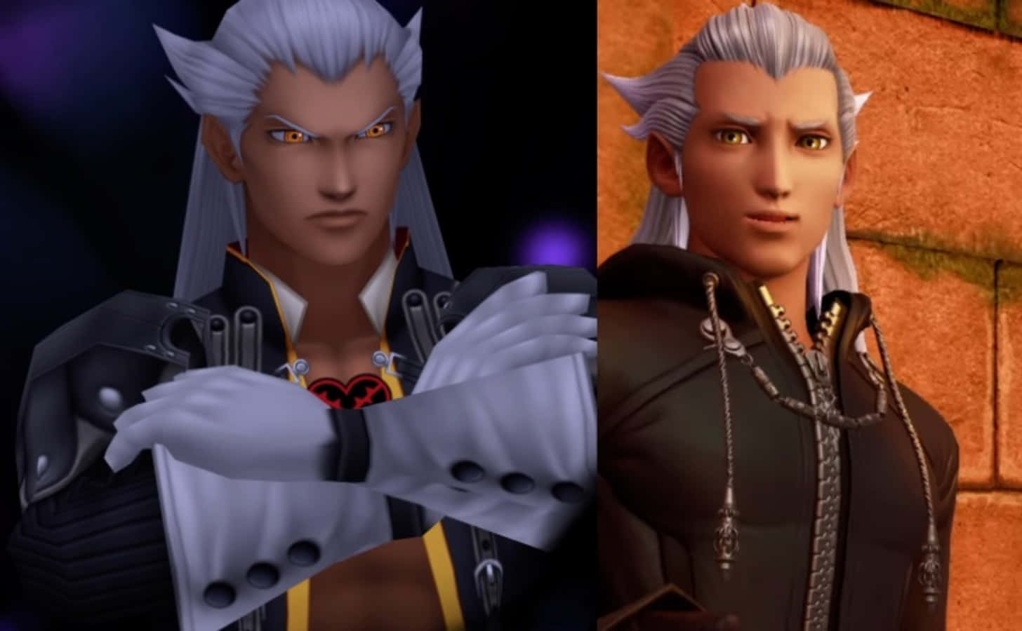 Ansem Seeker Of Darkness 桌布 壁紙 — 一個分屏肖像，描繪一位銀髮、眼睛發光的動漫角色，處於對比的黑暗與溫暖環境中。