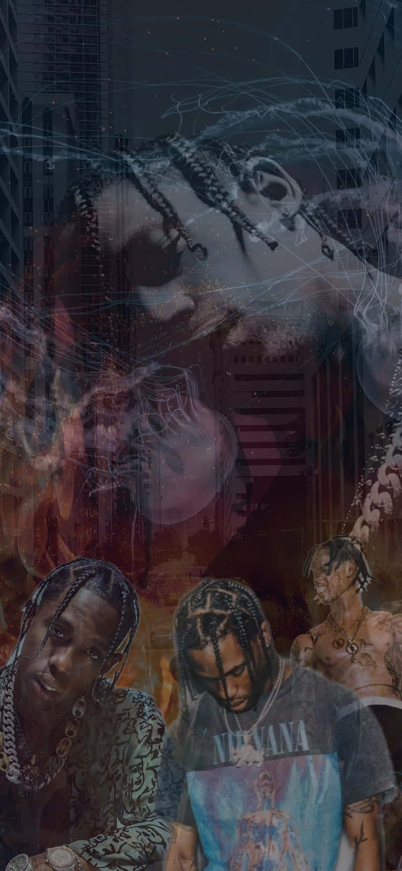 說唱歌手 桌布 壁紙 — 一個分層的數位拼貼畫，描繪一位辮子男子在都市環境中，帶有發光的抽象線條和火熱色調。