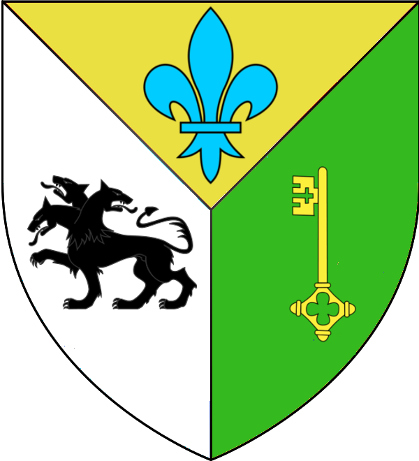 刻耳柏洛斯 桌布 壁紙 — 一個分為三個部分的紋章盾牌，上面有黑色雙頭獅子、藍色鳶尾花和綠色背景上的金色鑰匙。