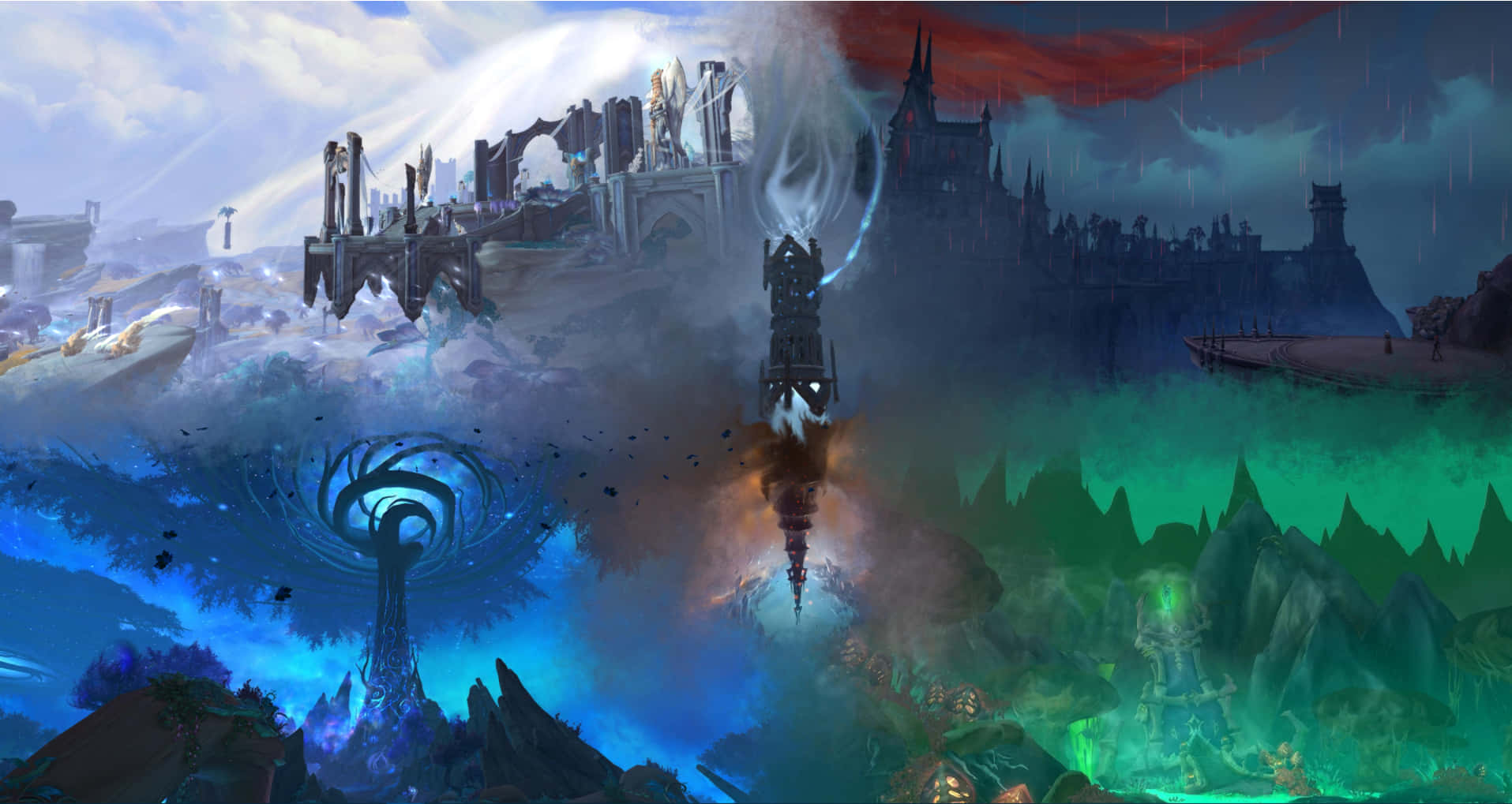 World Of Warcraft Shadowlands 桌布 壁紙 — 一個分為三個領域的奇幻景觀：發光的藍色魔法區域、熾熱的中央塔樓，以及暴風雨天空下的綠色神秘山谷。