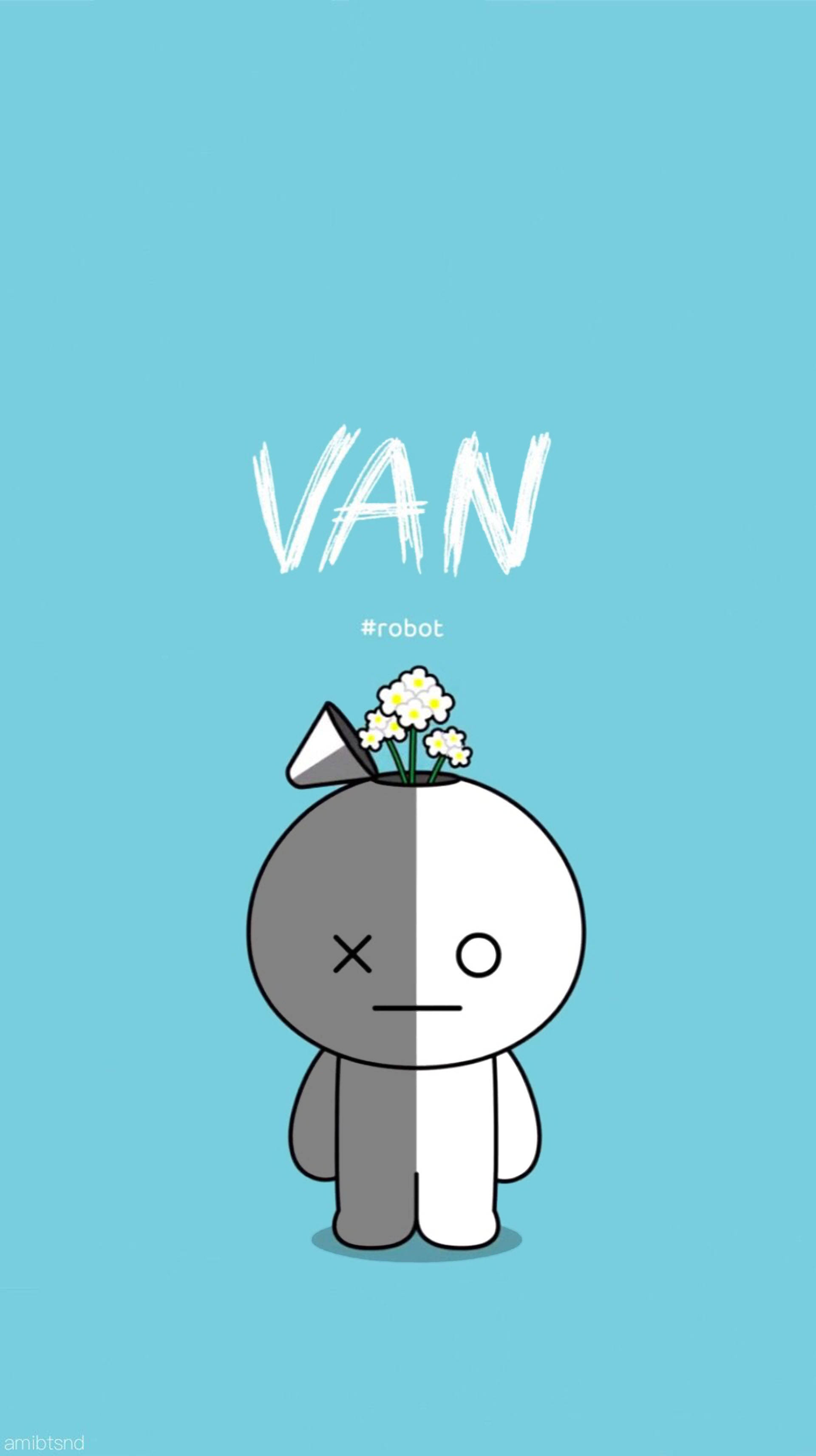 van bt21 桌布 壁紙 — 一個分為灰色和白色的卡通機器人，頭部長出花朵，背景為純青色。