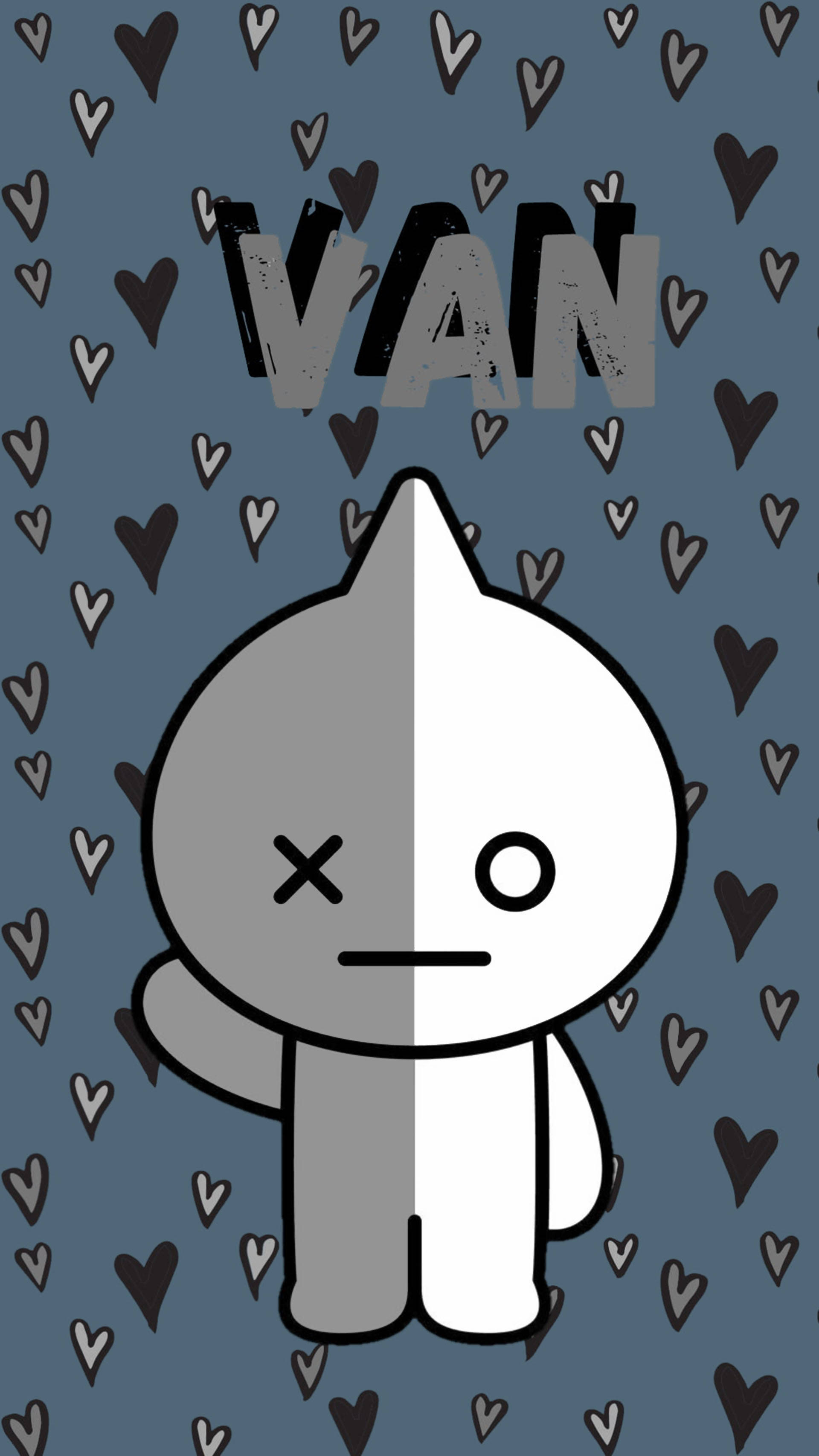 van bt21 桌布 壁紙 — 一個分為灰色和白色的卡通角色，有一隻眼睛和一隻X眼睛，站在充滿心形和VAN字樣的藍色背景前。