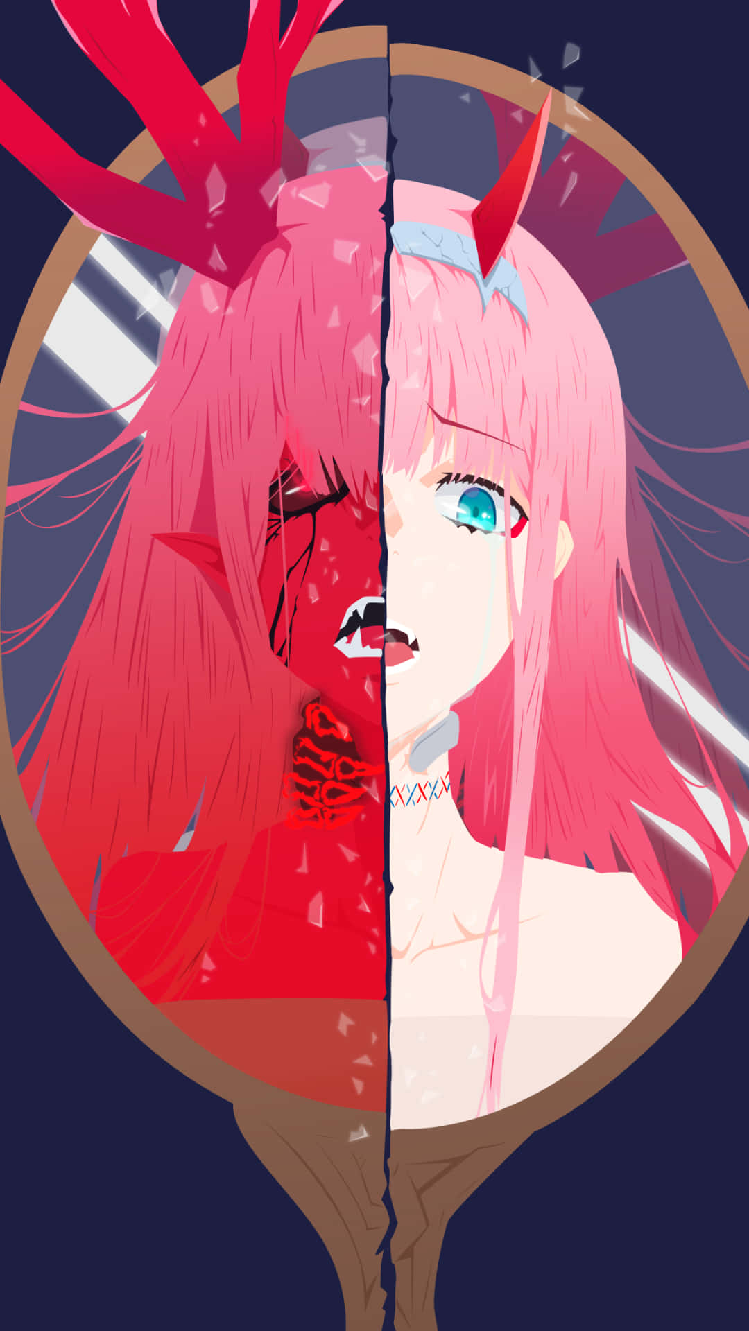 Zero Two Aesthetic 桌布 壁紙 — 一個分臉的動漫女孩，粉紅色頭髮，一半惡魔紅色，一半天使藍色，在圓形框架內。
