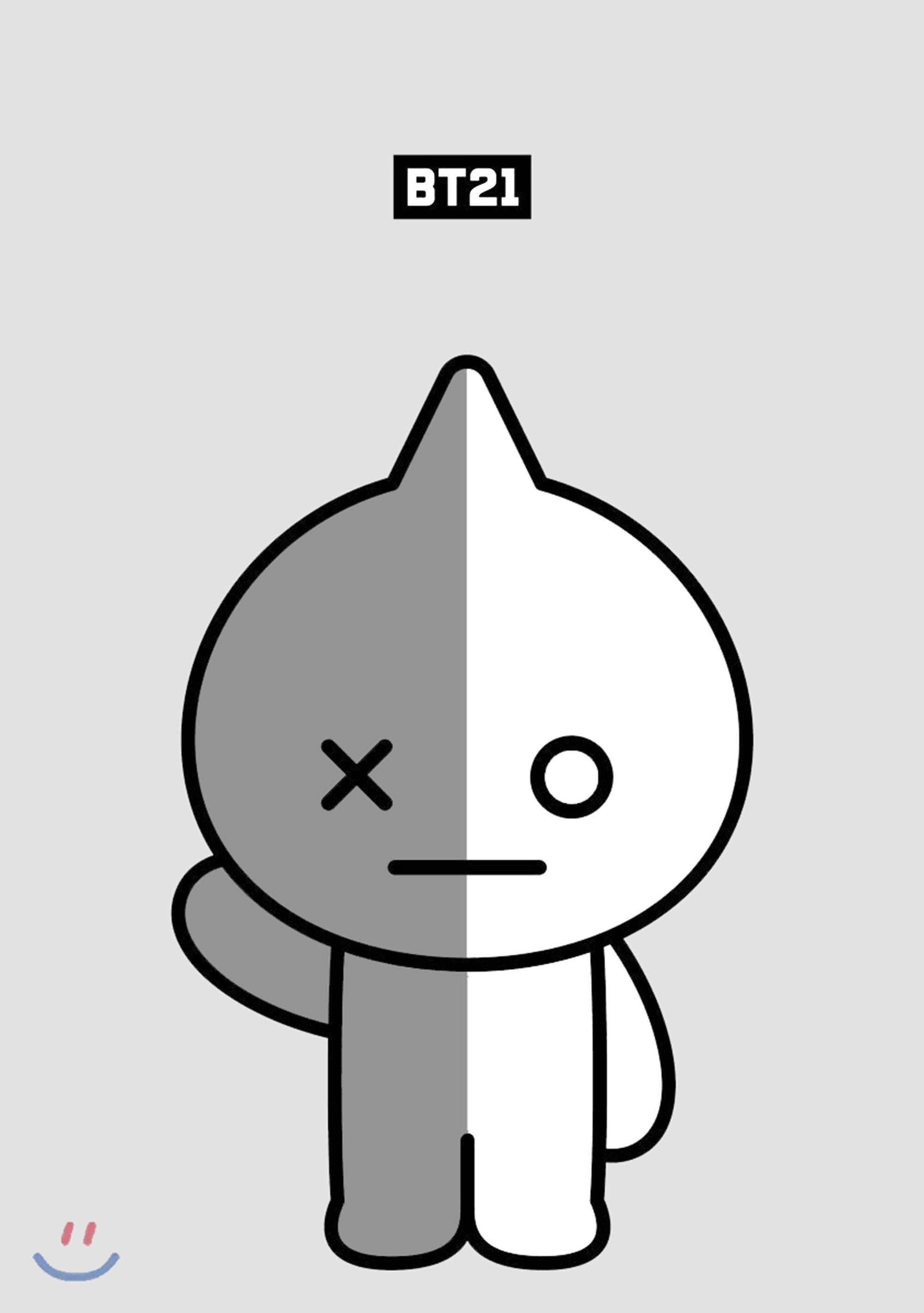 van bt21 桌布 壁紙 — 一個分色調的BT21角色，一側灰色，一側白色，站在淺灰色背景前。