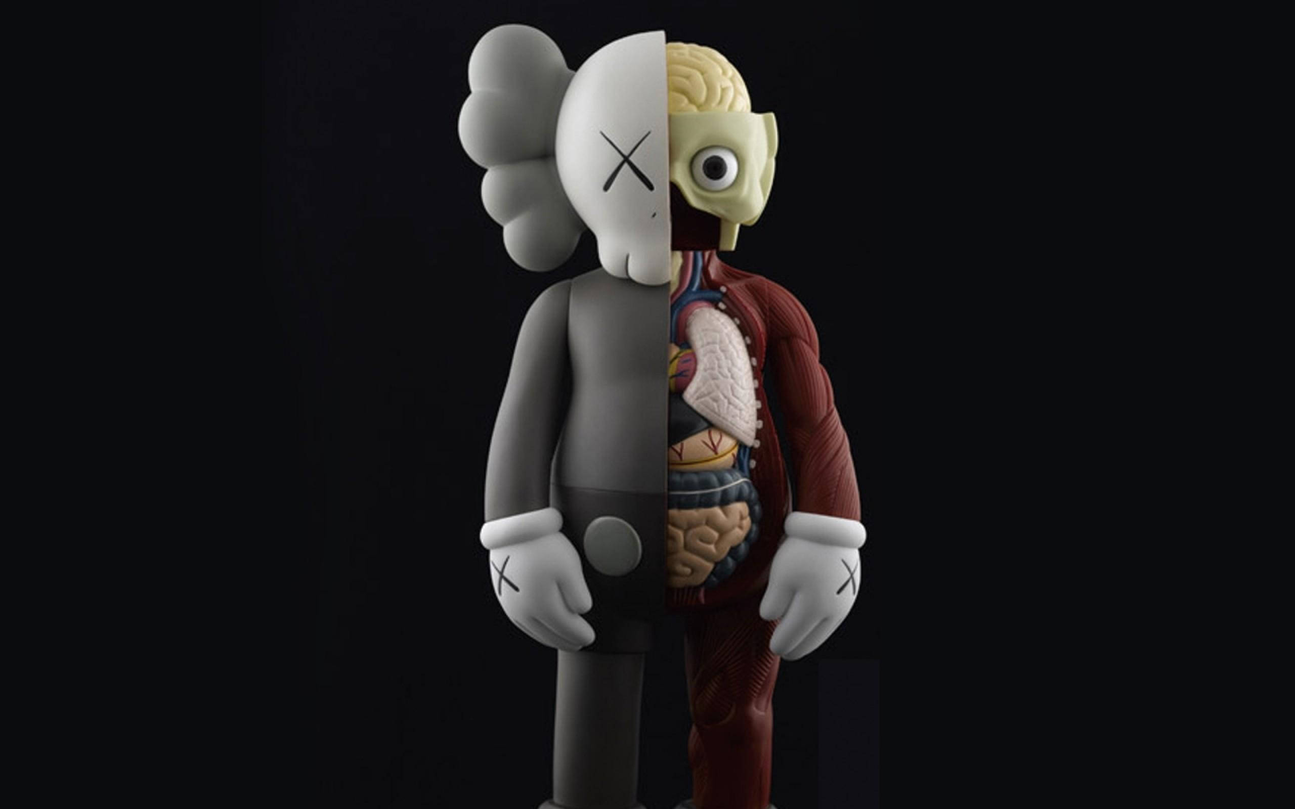 kaws 4K 桌布 壁紙 — 一個分裂的KAWS公仔在黑色背景上露出內臟，一側顯示頭骨，另一側顯示大腦和心臟。
