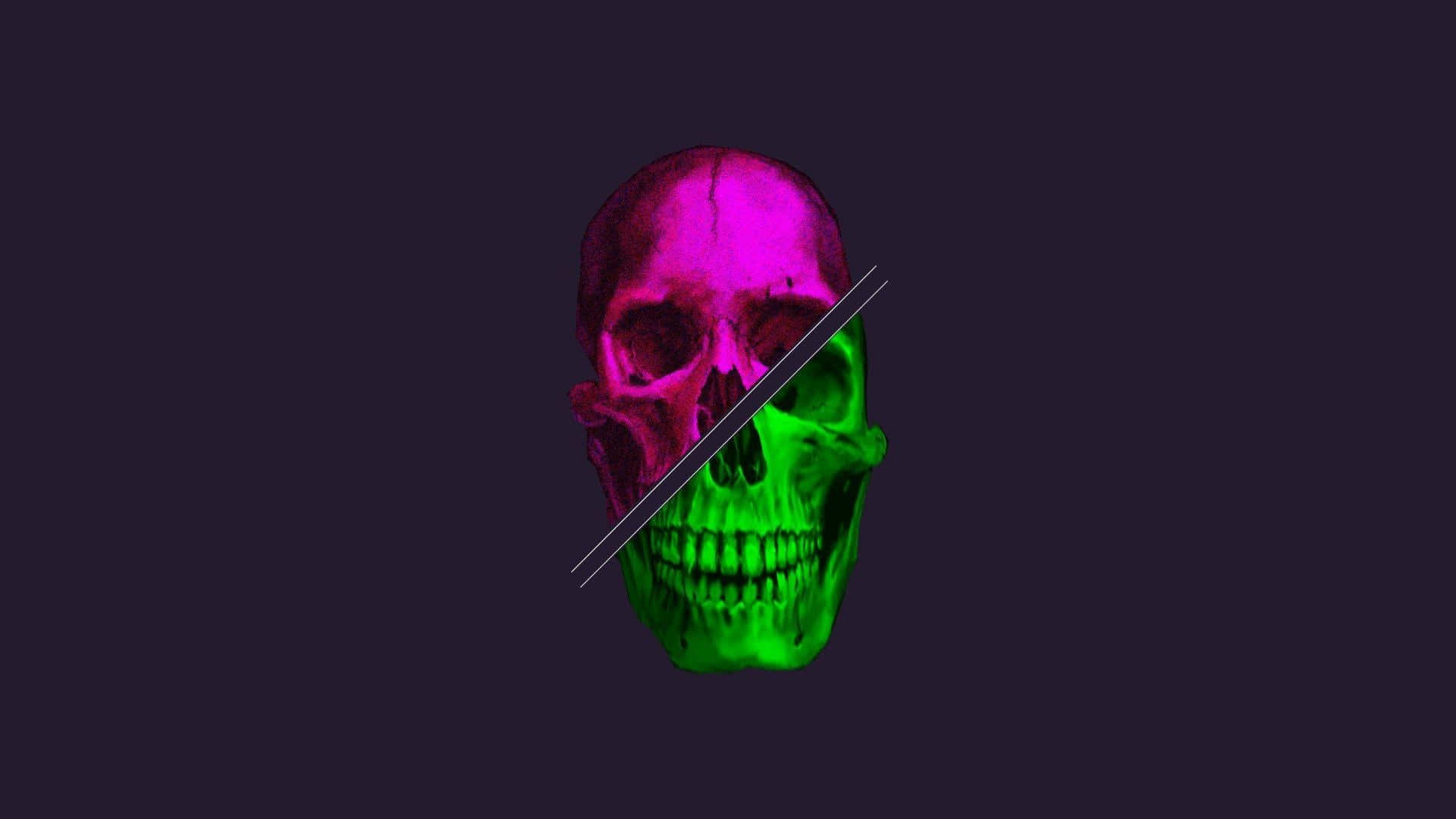 RGB 桌布 壁紙 — 一個分裂的人類頭骨，一半粉紅色一半綠色，在深紫色背景上發光。