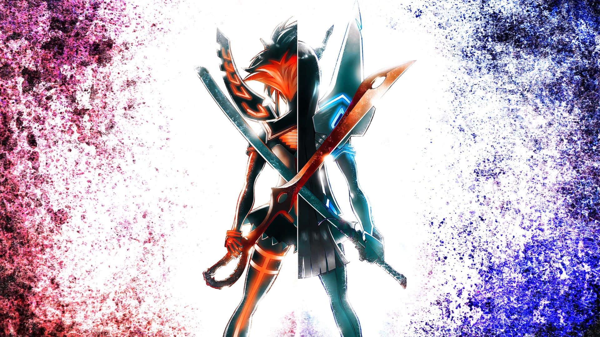 Kill La Kill 桌布 壁紙 — 一個分裂的動漫戰士在充滿活力的粉紅色和藍色飛濺背景上握著交叉的劍。