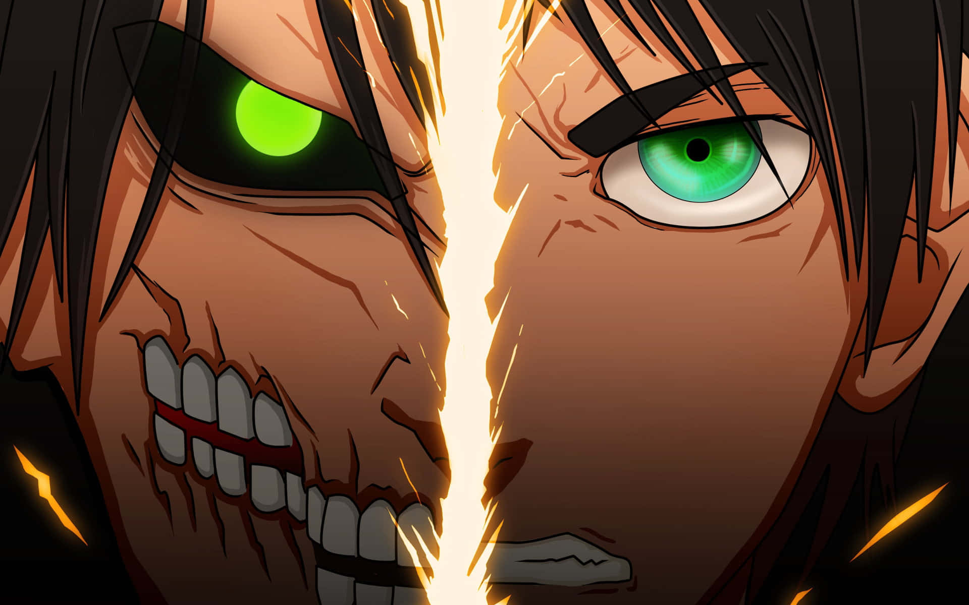 Attack On Titan Poster 桌布 壁紙 — 一個分裂的動漫面孔顯示一個發著綠色光芒的怪物巨人與一個擁有強烈綠色眼睛的人類在黑暗背景上。
