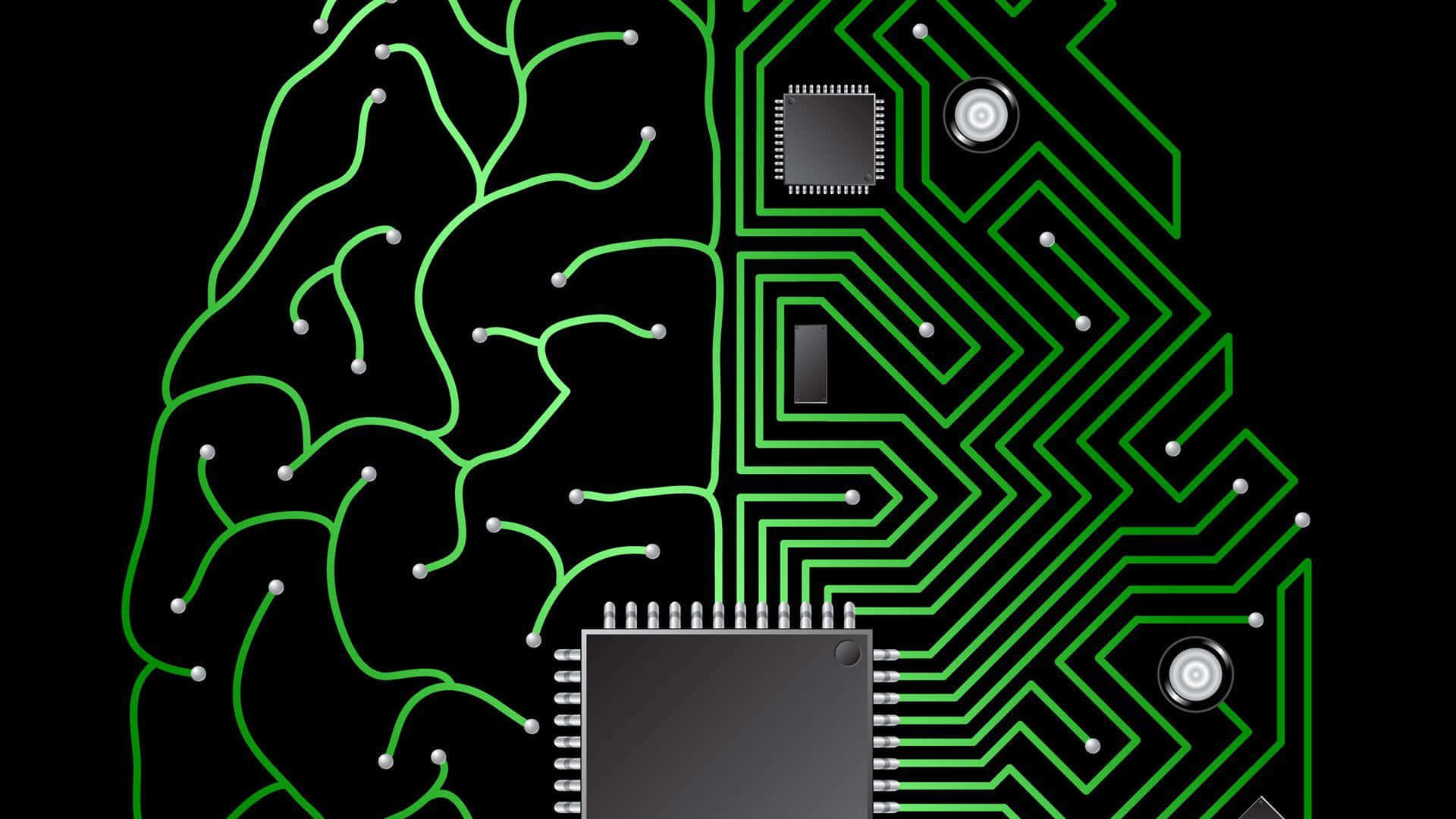 AI 桌布 壁紙 — 一個分裂的大腦插圖，左側有有機神經通路，右側有綠色電路板圖案，背景為黑色。