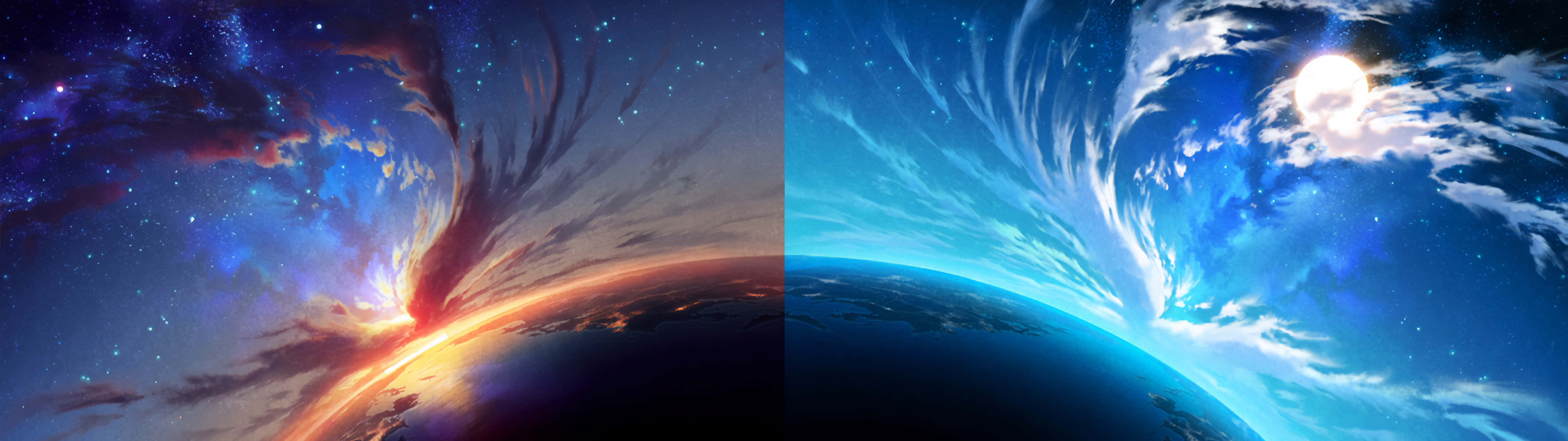 5120x1440 Dual Screen 桌布 壁紙 — 一個分裂的宇宙景觀顯示出一個熾熱星雲在行星彎曲的地平線上爆發，旁邊是寧靜的藍天，有發光的月亮和縷縷雲彩。
