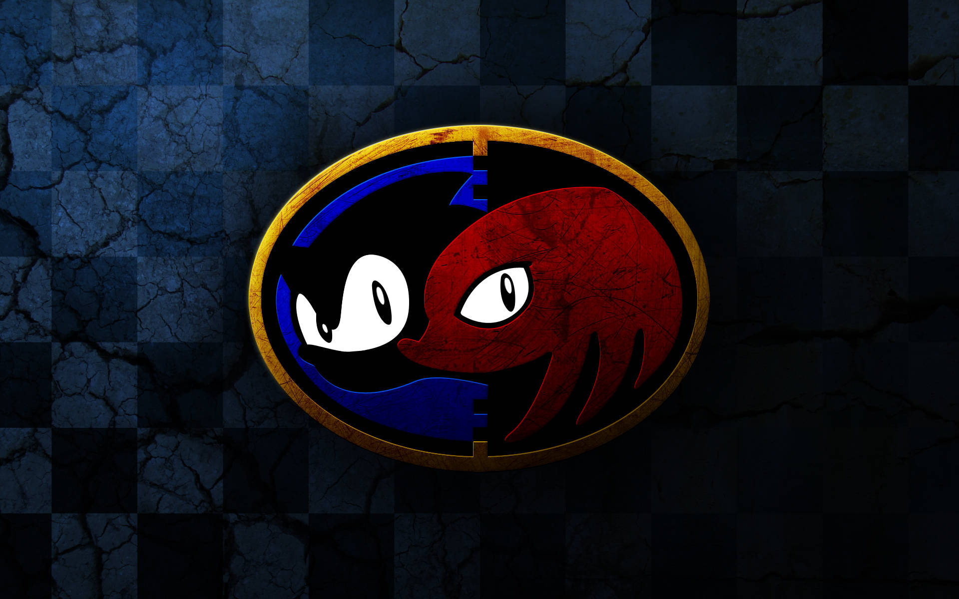 Knuckles 桌布 壁紙 — 一個分裂的橢圓形標誌顯示一個藍色和紅色的風格化面孔，帶有白色的眼睛，背景是破裂的格子藍色。
