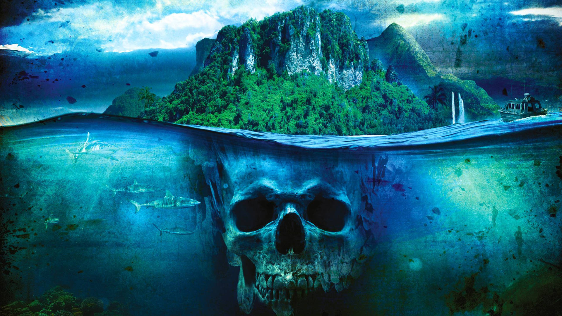 Far Cry 3 桌布 壁紙 — 一個分裂的海洋場景揭示了水面上一個鬱鬱蔥蔥的綠色島嶼，以及下面一個巨大的水下頭骨，周圍有鯊魚游動。