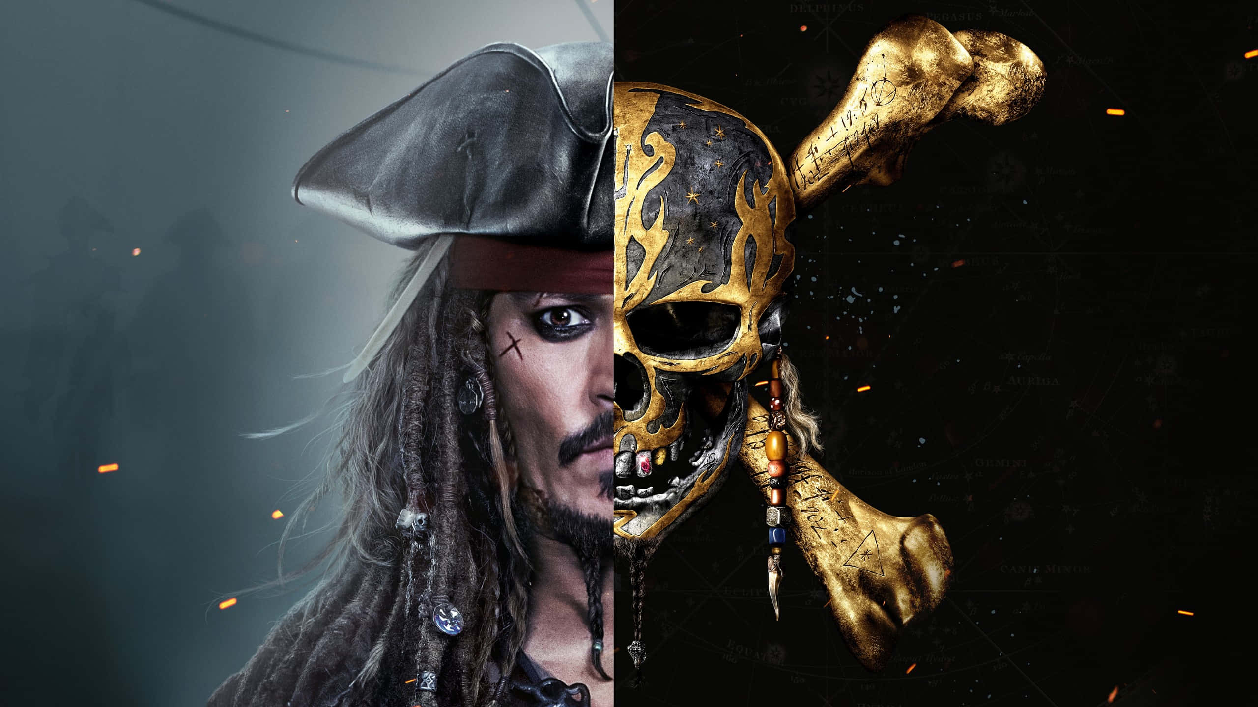Pirates Of The Caribbean 桌布 壁紙 — 一個分裂的肖像，傑克·史派羅船長面對一個帶有火焰設計和漂浮餘燼的金色骷髏頭和交叉骨。
