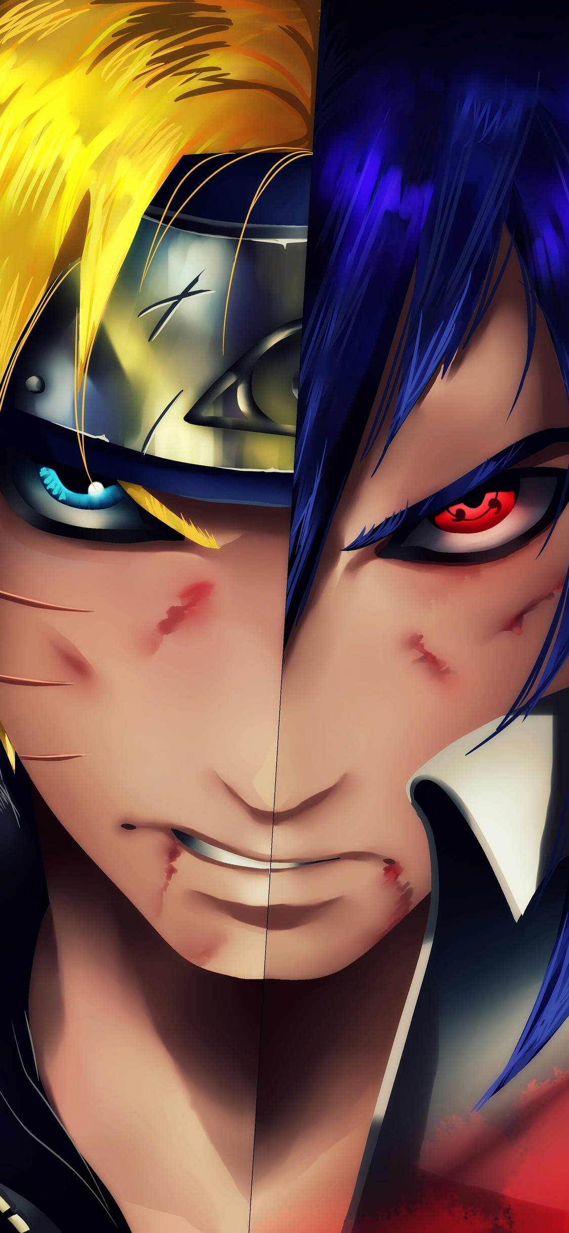 Naruto And Sasuke 桌布 壁紙 — 一個分裂臉的動畫肖像，兩個激烈的角色，一個金髮藍眼，另一個藍髮紅眼，兩者都顯示戰鬥傷痕。