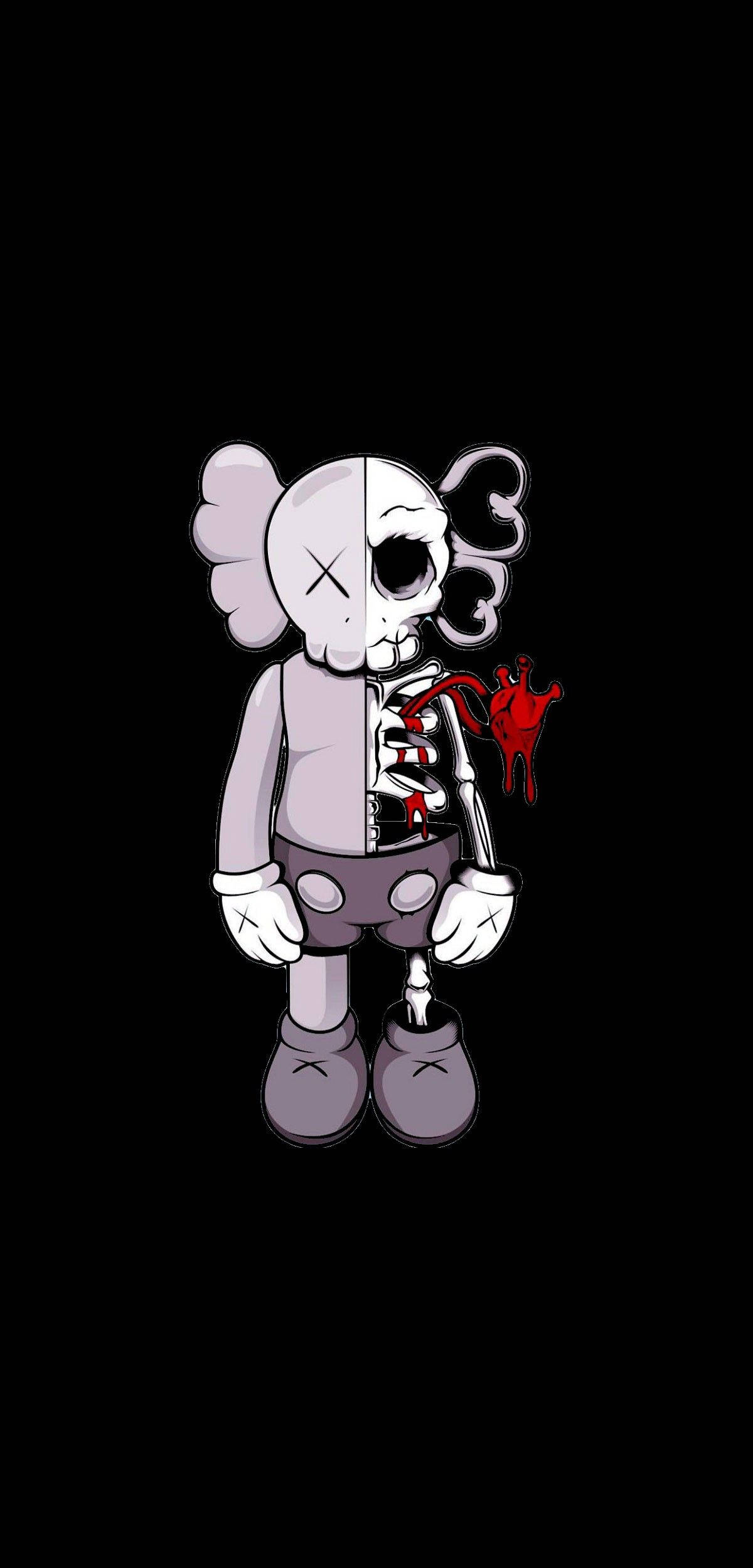 kaws 4K 桌布 壁紙 — 一個分裂面孔的KAWS角色，一側是骷髏，另一側是無肉的，在黑色背景前拿著一顆紅心。