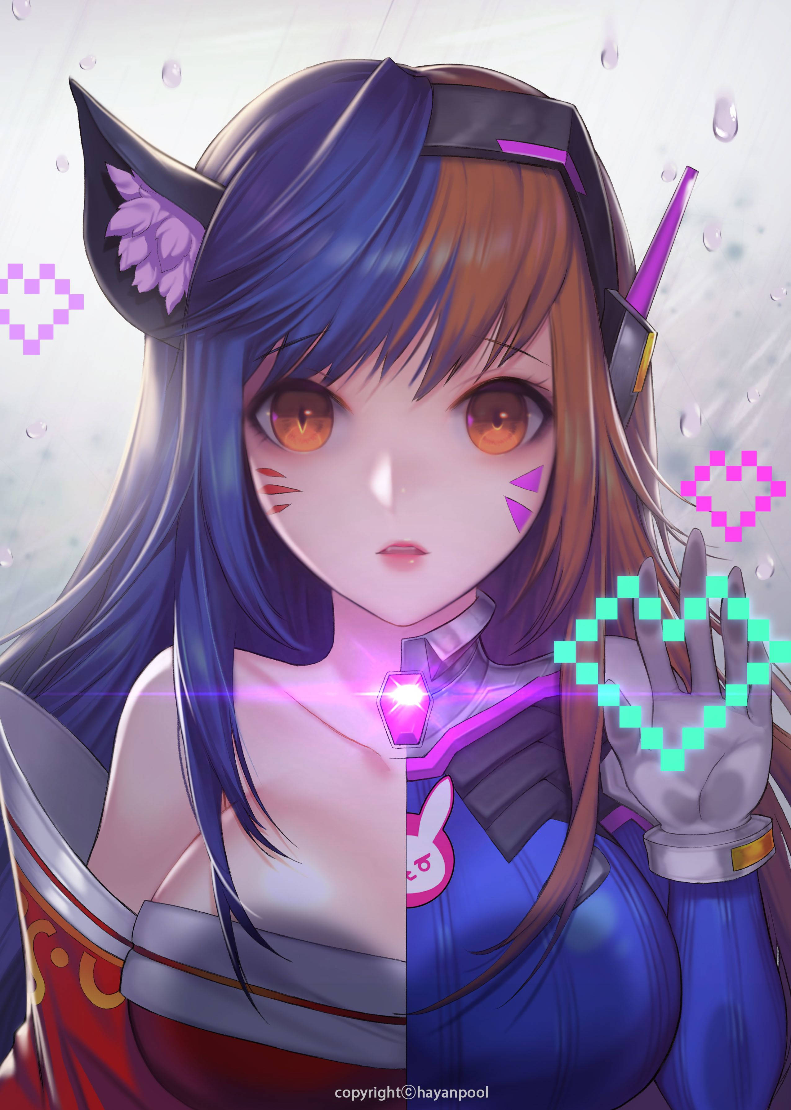 D.Va 桌布 壁紙 — 一個分裂面孔的動漫女孩，有貓耳朵和發光的像素心，在雨中手持發光的心。