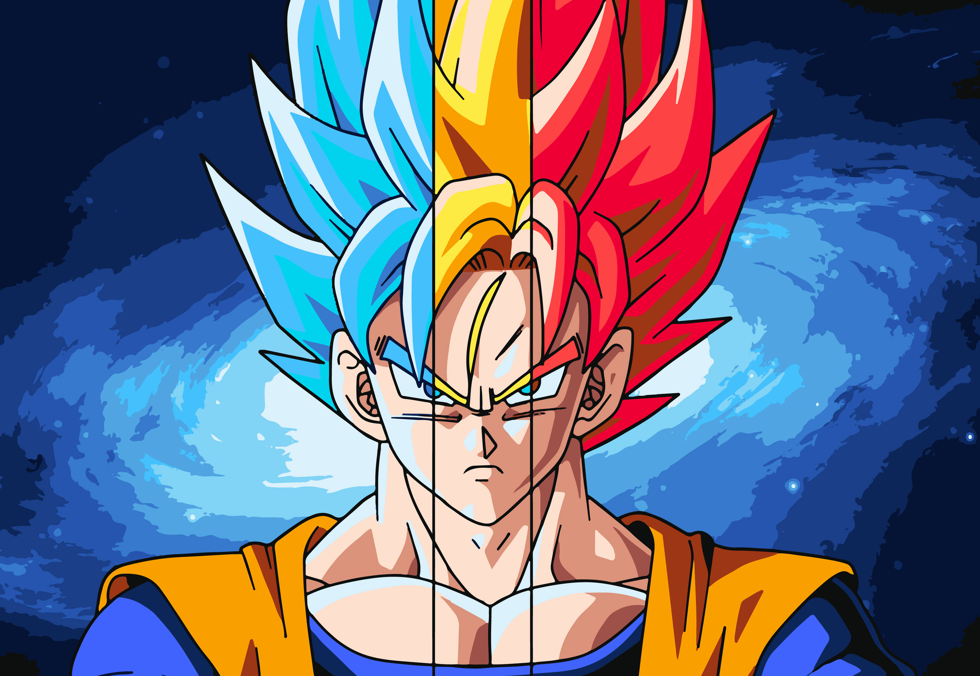 Super 桌布 壁紙 — 一個分裂面孔的動漫戰士，擁有藍色和紅色頭髮，背景是旋轉的宇宙藍色。