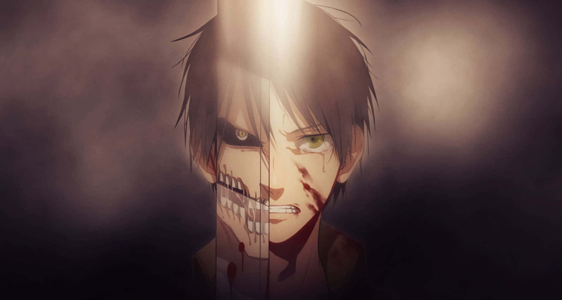 Attack On Titan Season 3 桌布 壁紙 — 一個分裂面孔的動漫角色，一側是人類，一側是怪物，在戲劇性的背光下。