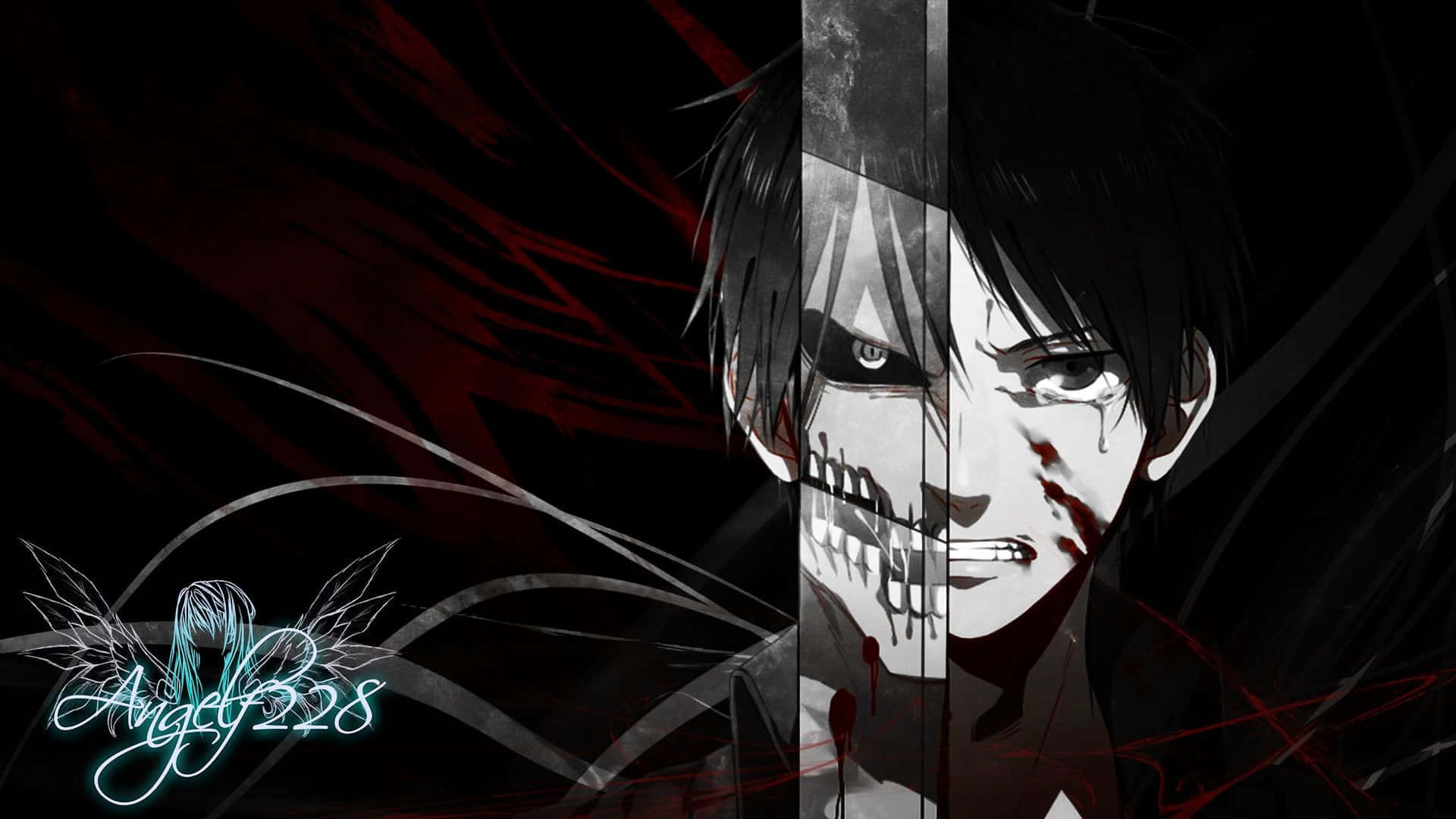 Attack On Titan Titan Eren 桌布 壁紙 — 一個分裂面孔的動漫角色，一側是人類，另一側是帶有牙齒和鮮血的怪物，背景為深紅色和黑色。