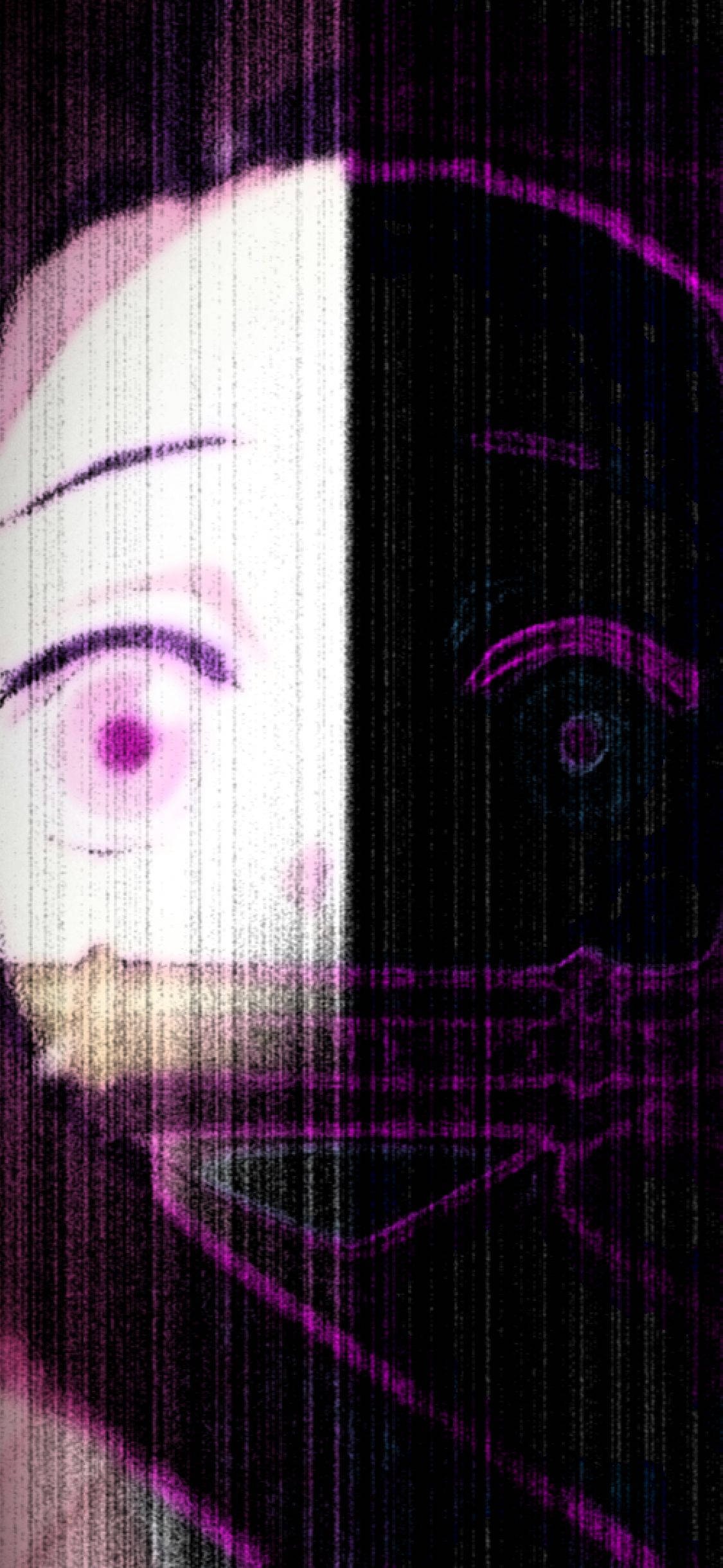 Nezuko iPhone 桌布 壁紙 — 一個分裂面孔的動漫角色，一側發出粉紅色光芒，另一側帶有深紫色數位故障效果。