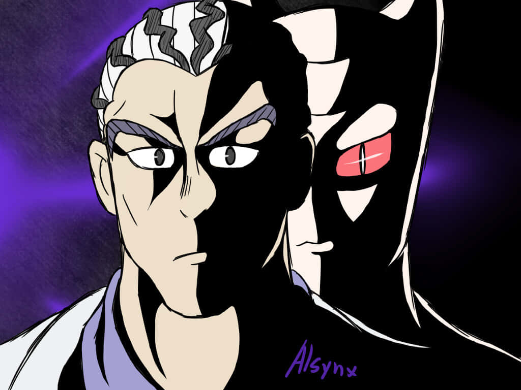 Kosaku Kawajiri 桌布 壁紙 — 一個分裂面孔的動漫角色，一半是人類，一半是惡魔，背景為紫色。