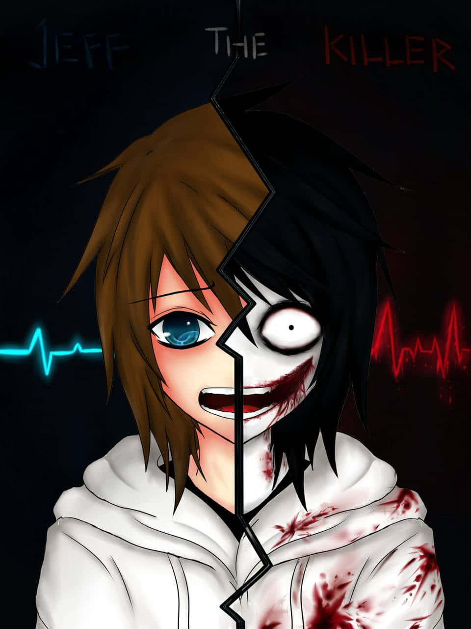 Jeff The Killer 桌布 壁紙 — 一個分裂面孔的動漫角色，一邊天真無邪，另一邊是血淋淋的殺手，穿著帶有心跳監測器的白色連帽衫。