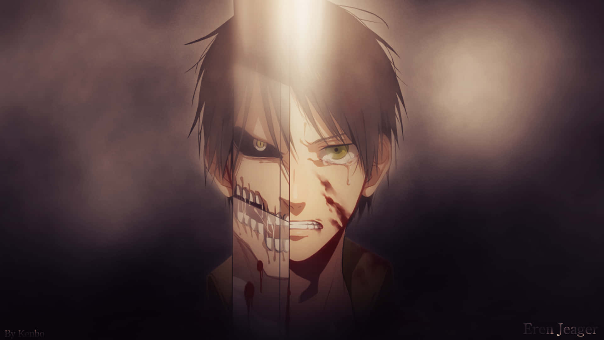 Attack On Titan Titan Eren 桌布 壁紙 — 一個分裂面孔的動漫角色，在戲劇性燈光下一邊是人類，另一邊是怪物。