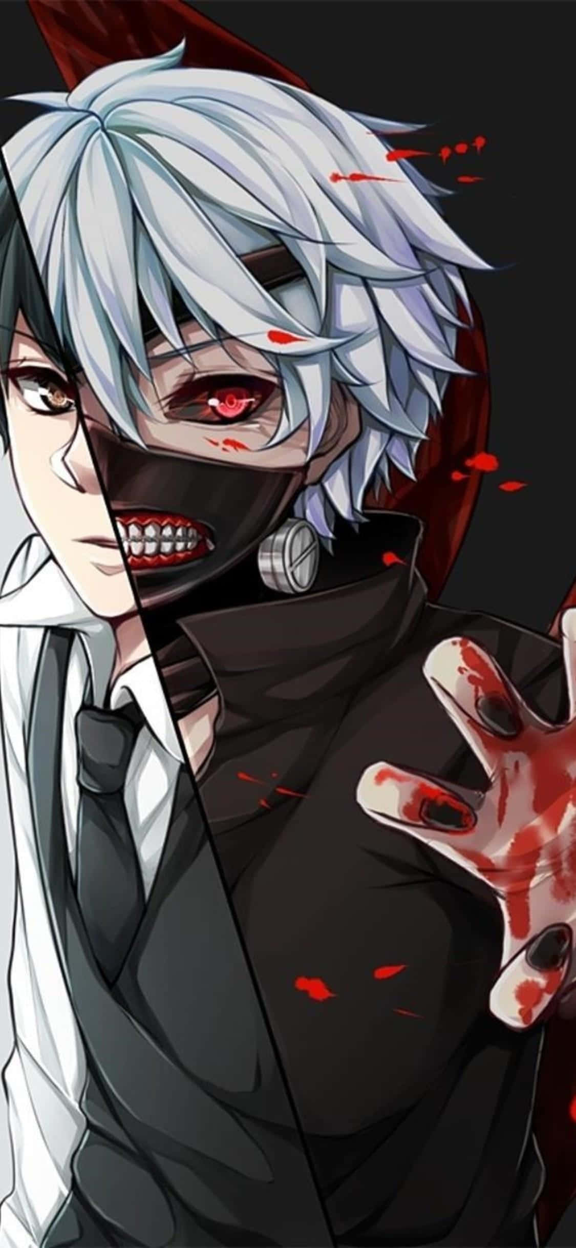 Horror Anime Boy 桌布 壁紙 — 一個分裂面孔的動漫角色，白髮紅眼，一邊冷靜穿著西裝，另一邊血跡斑斑且兇惡。