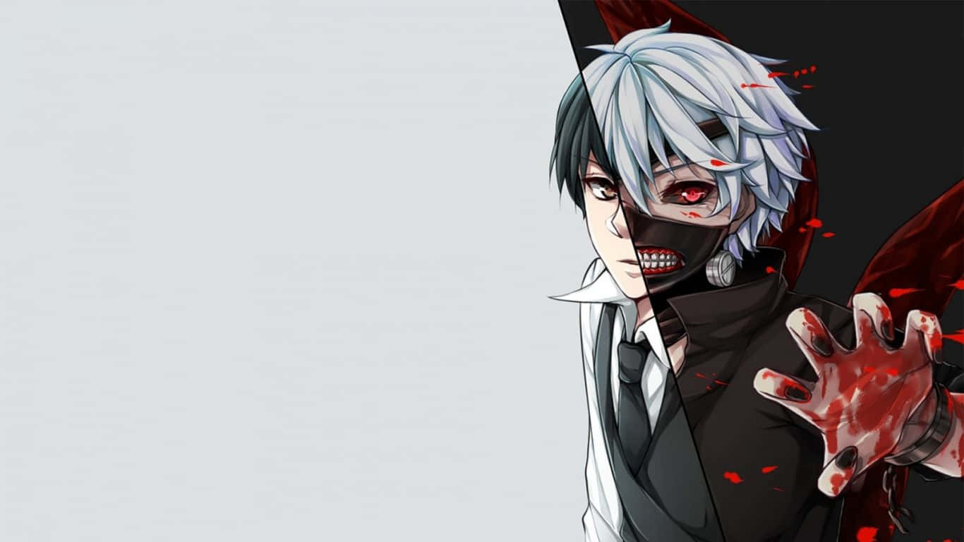 Ken Kaneki 桌布 壁紙 — 一個分裂面孔的動漫角色，白髮紅眼，一側乾淨，另一側沾滿鮮血，帶著邪惡的笑容。