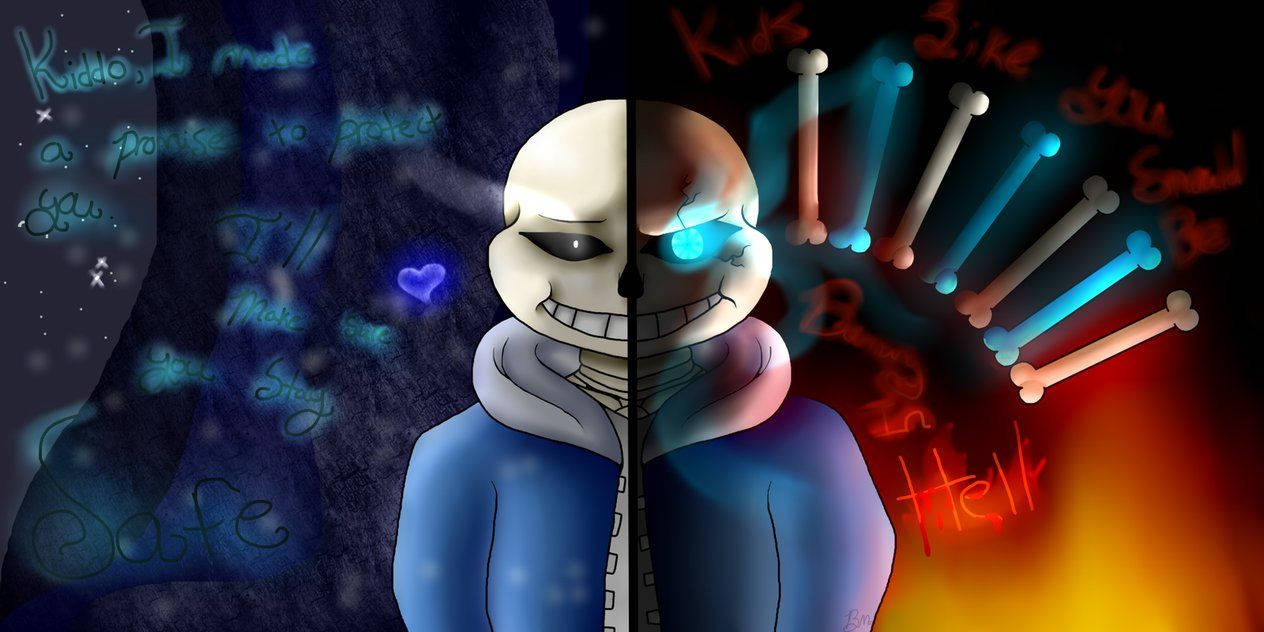 Sans 桌布 壁紙 — 一個分裂面孔的動漫角色，眼睛發光，站在深藍色帶有「Safe」文字的一側和火紅色帶有「Hell」文字的一側之間。