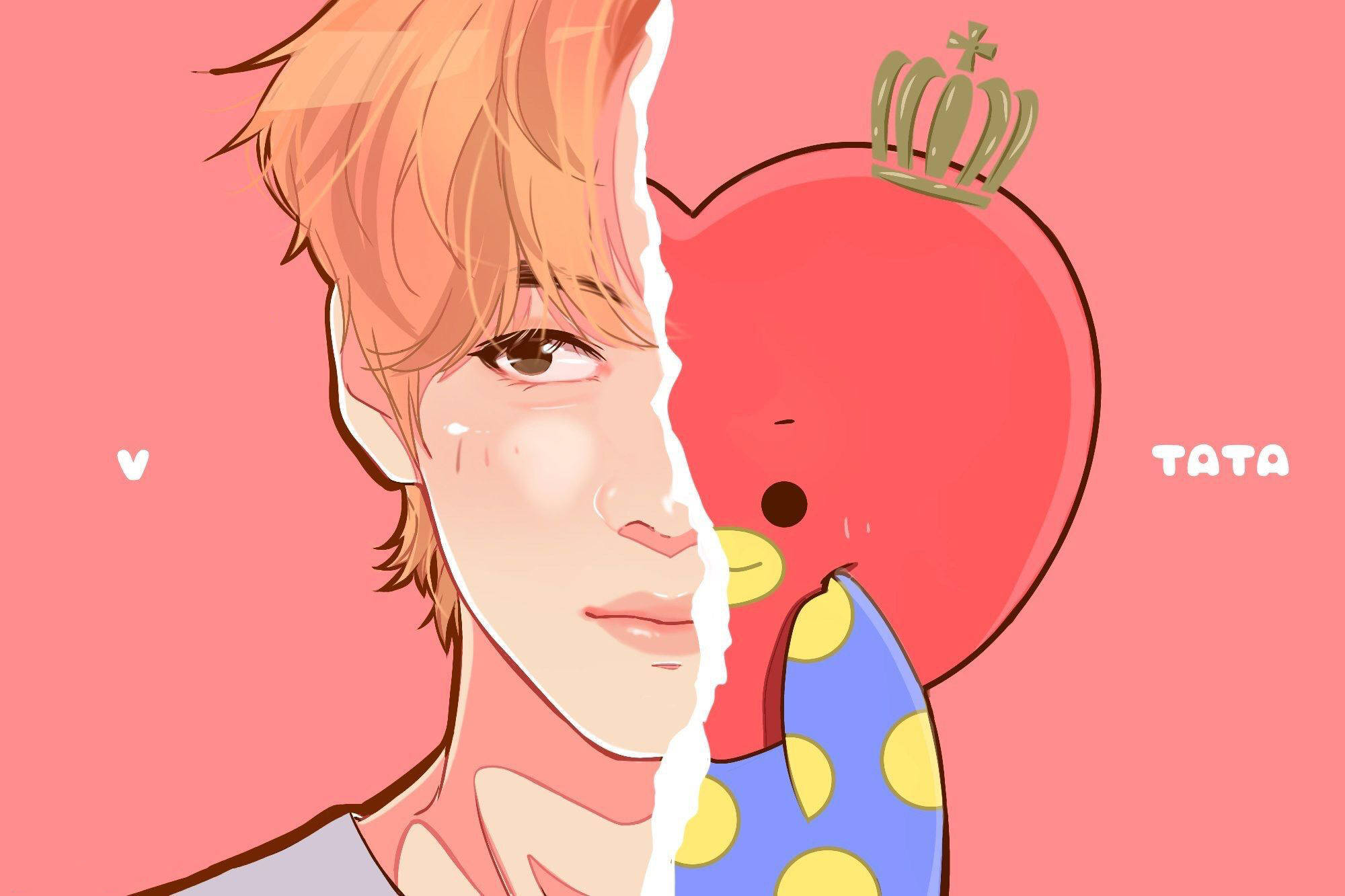 tata bt21 桌布 壁紙 — 一個分裂面孔的動畫肖像，描繪一個男孩在粉紅色背景中哭泣，旁邊是一個戴著皇冠的紅色心形角色。