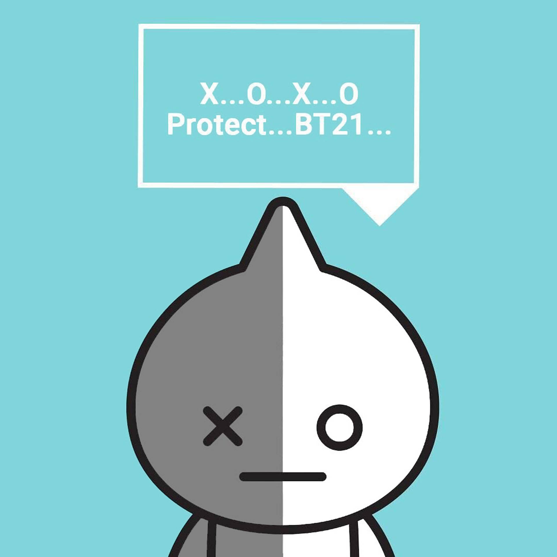 van bt21 桌布 壁紙 — 一個分裂面孔的卡通角色，有一隻眼睛和一個X在臉上，拿著一個對話框，上面寫著X...O...X...O Protect...BT21...，背景為青綠色。