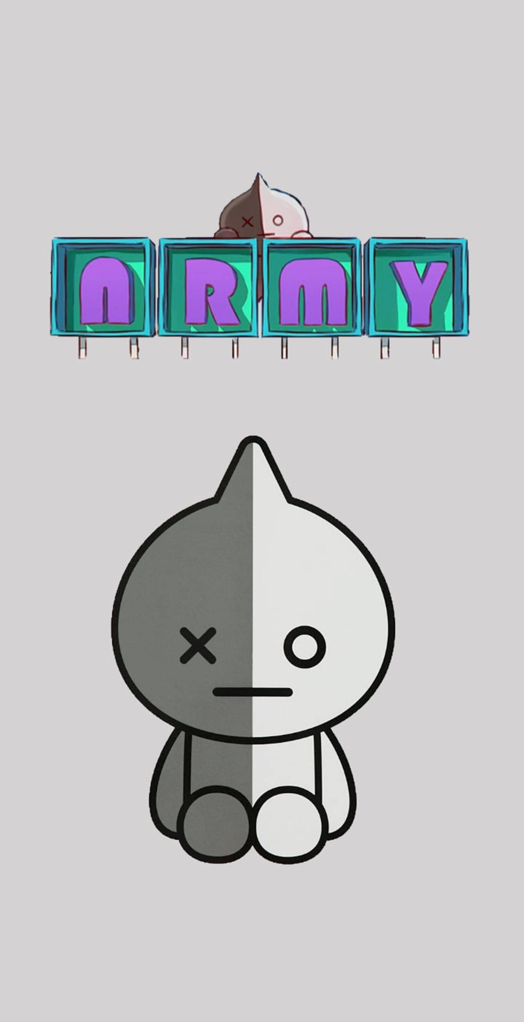 van bt21 桌布 壁紙 — 一個分裂面孔的卡通角色坐在拼寫ARMY的霓虹燈標誌下，一個小生物從後面偷看。