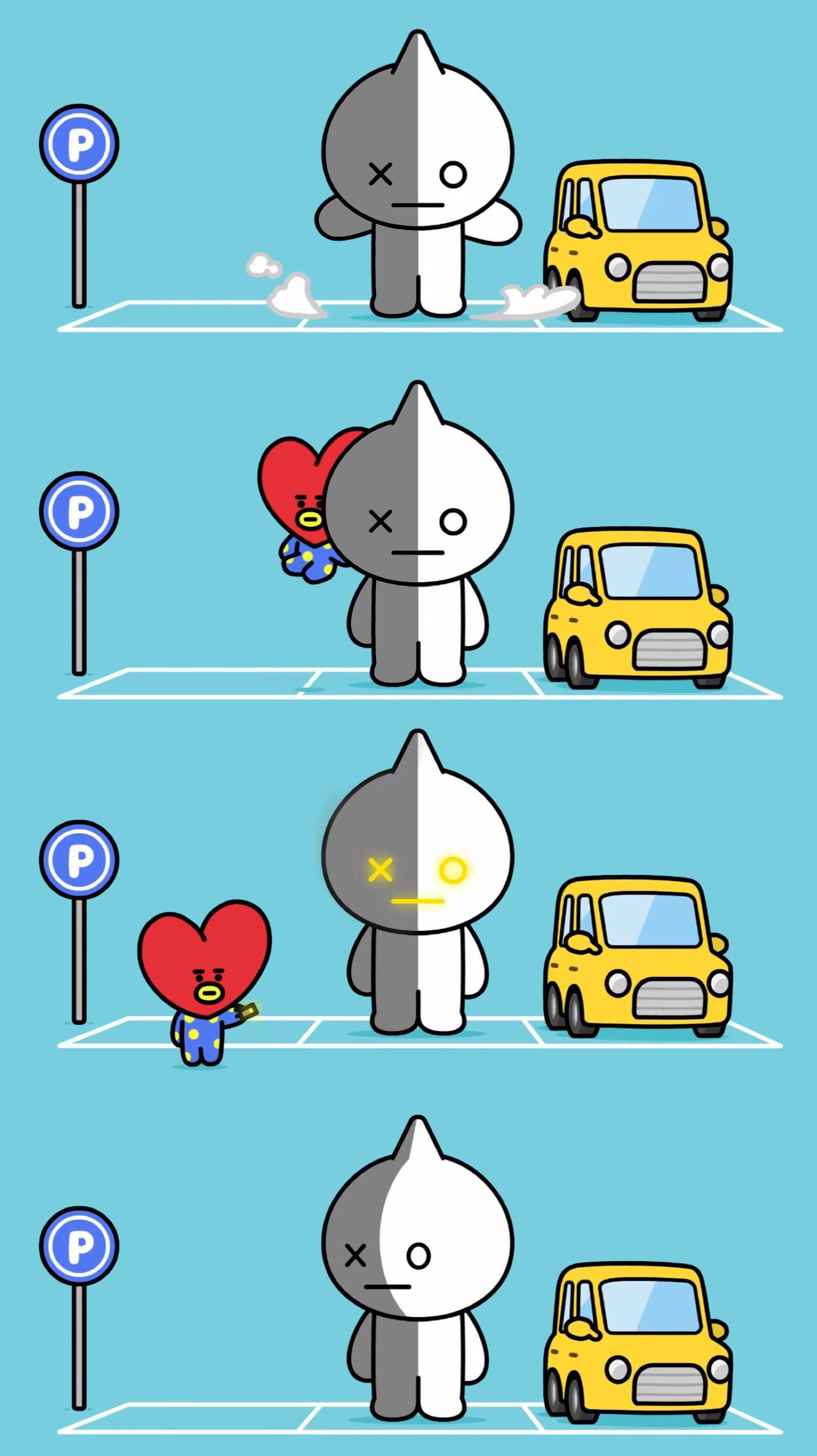 van bt21 桌布 壁紙 — 一個分裂面孔的卡通角色與一個紅色心形角色和一輛黃色汽車在停車場場景中互動。