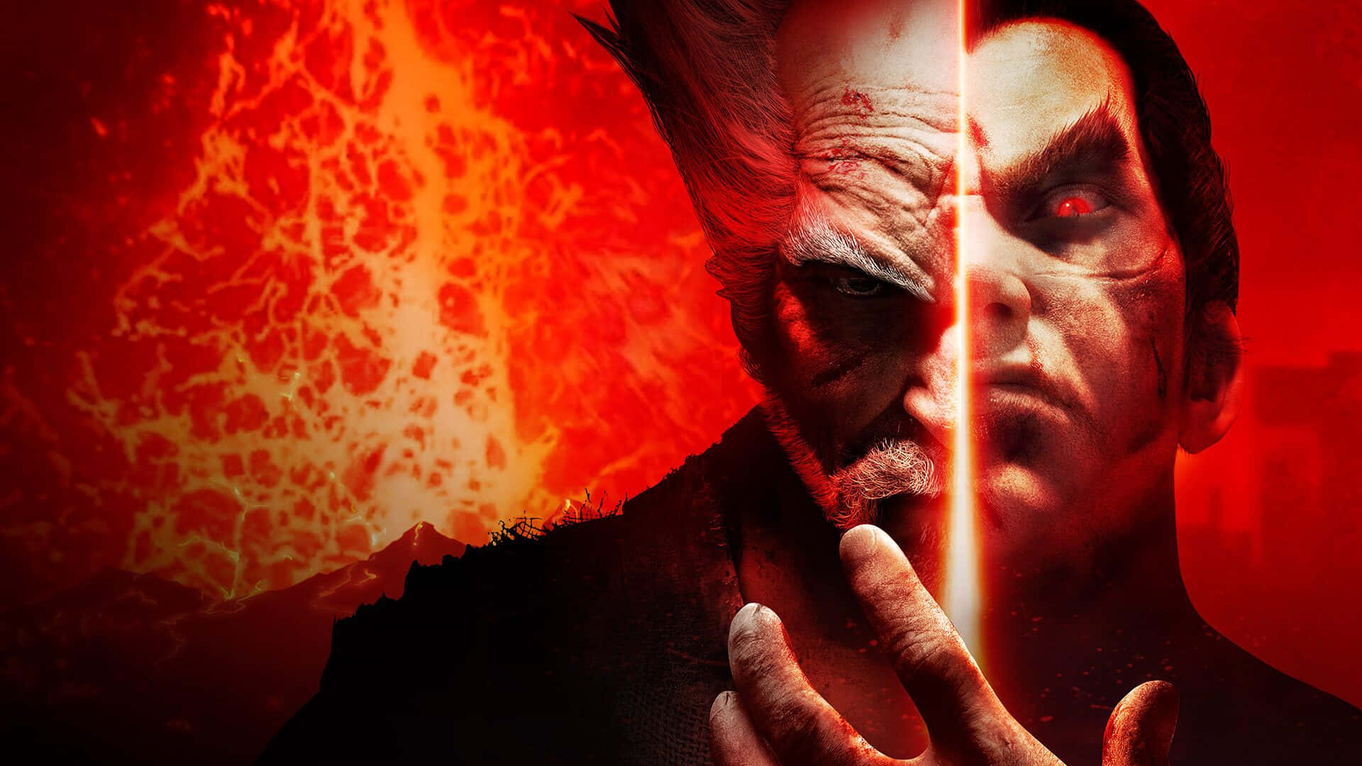 Tekken Characters 桌布 壁紙 — 一個分裂面孔的戰士，一側是野獸，另一側是人類，背景是熾熱的火山。