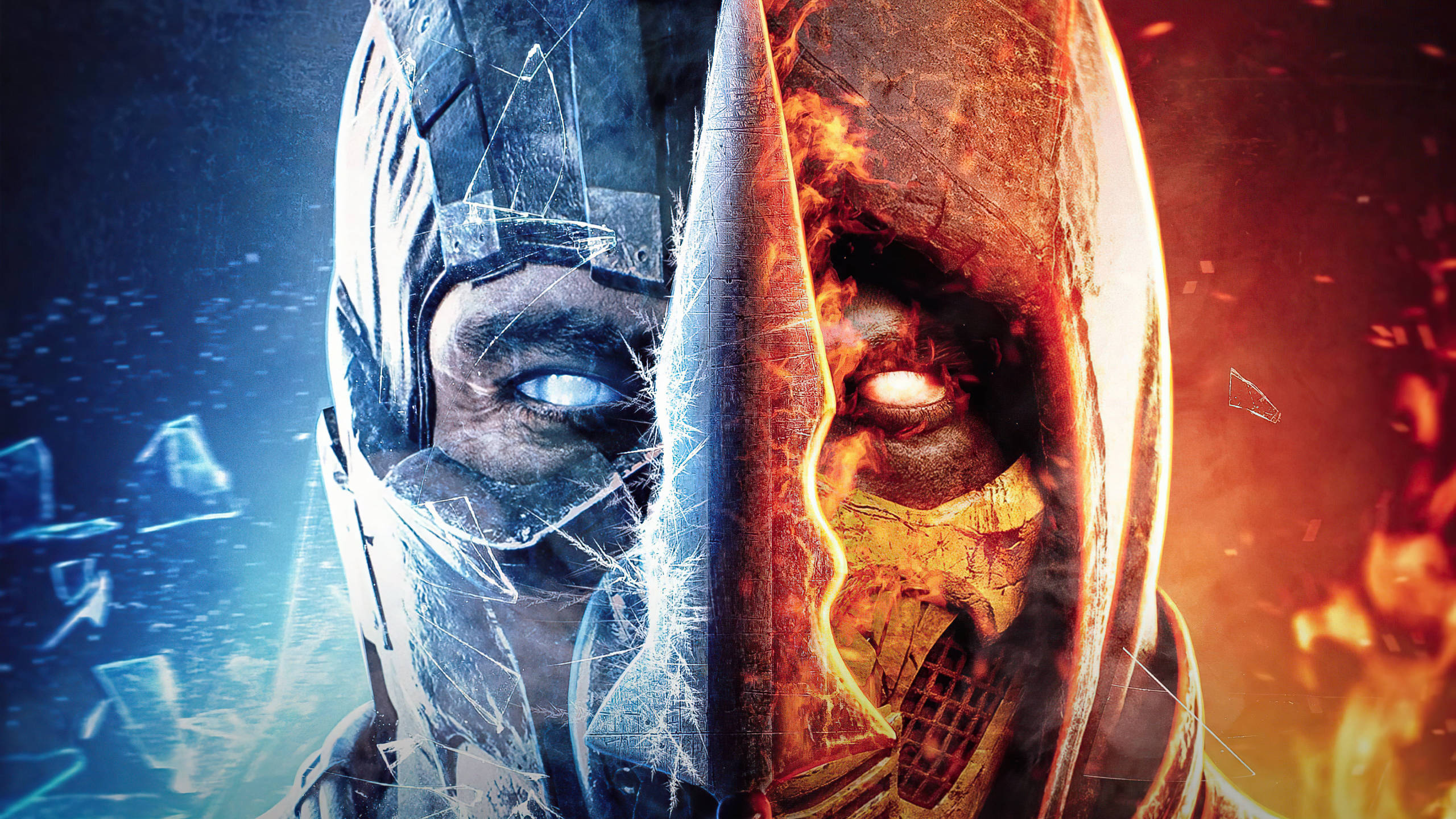 mortal kombat scorpion vs sub zero 桌布 壁紙 — 一個分裂面孔的戰士，冰藍色的眼睛和火紅色的眼睛被鋸齒狀的刀片分隔，背景是對比的冷與熱。