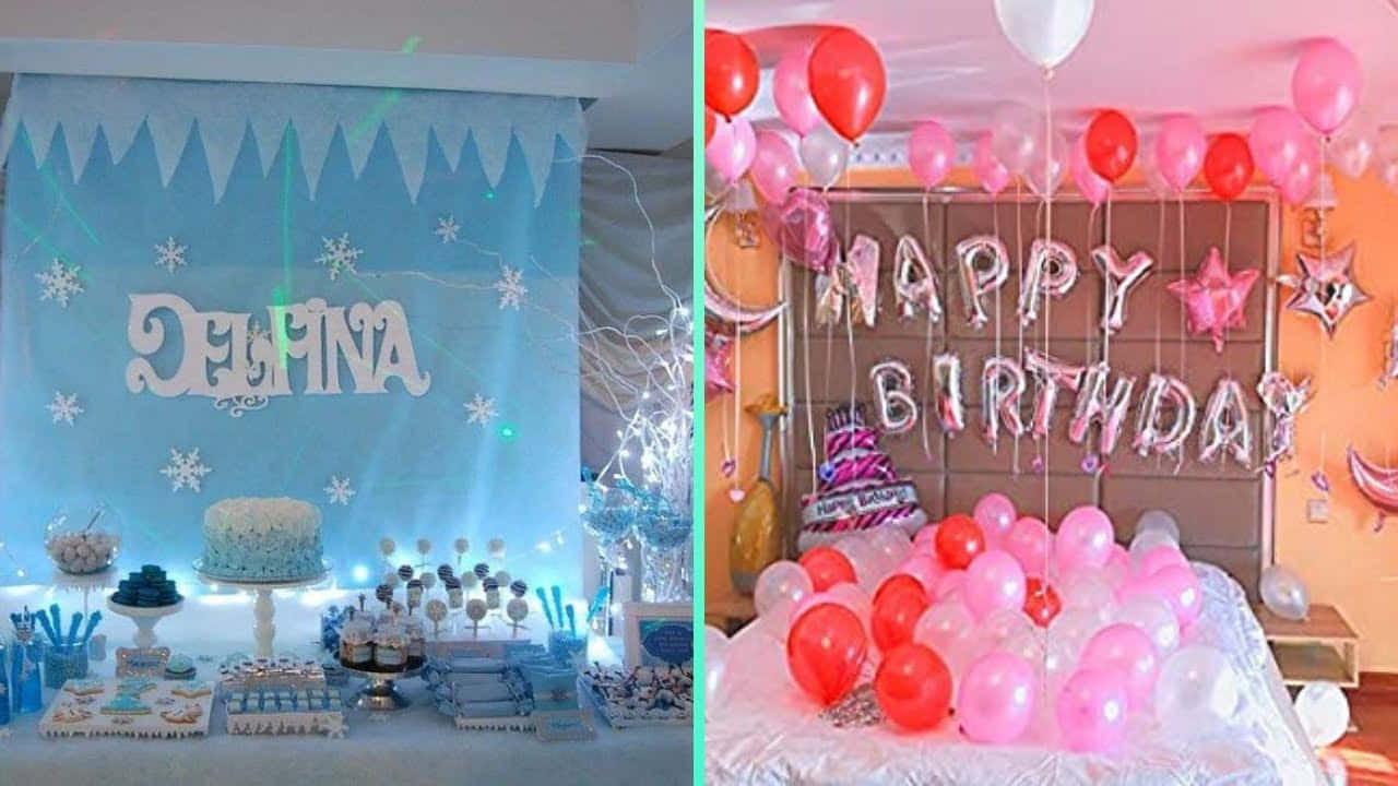 Birthday Party 桌布 壁紙 — 一個分開的生日派對場景：左邊是藍色冰主題，有蛋糕和雪花；右邊是粉紅色氣球和「HAPPY BIRTHDAY」字母。