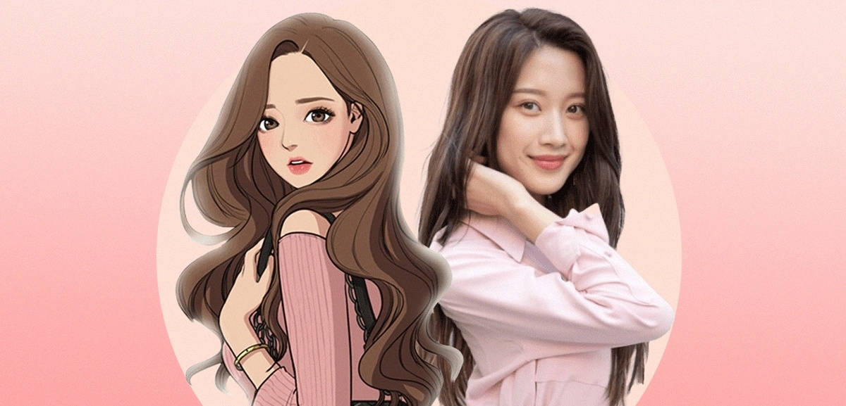 True Beauty 桌布 壁紙 — 一個分開的肖像，動漫風格的女人旁邊她的真實照片，背景是柔和的粉紅色。