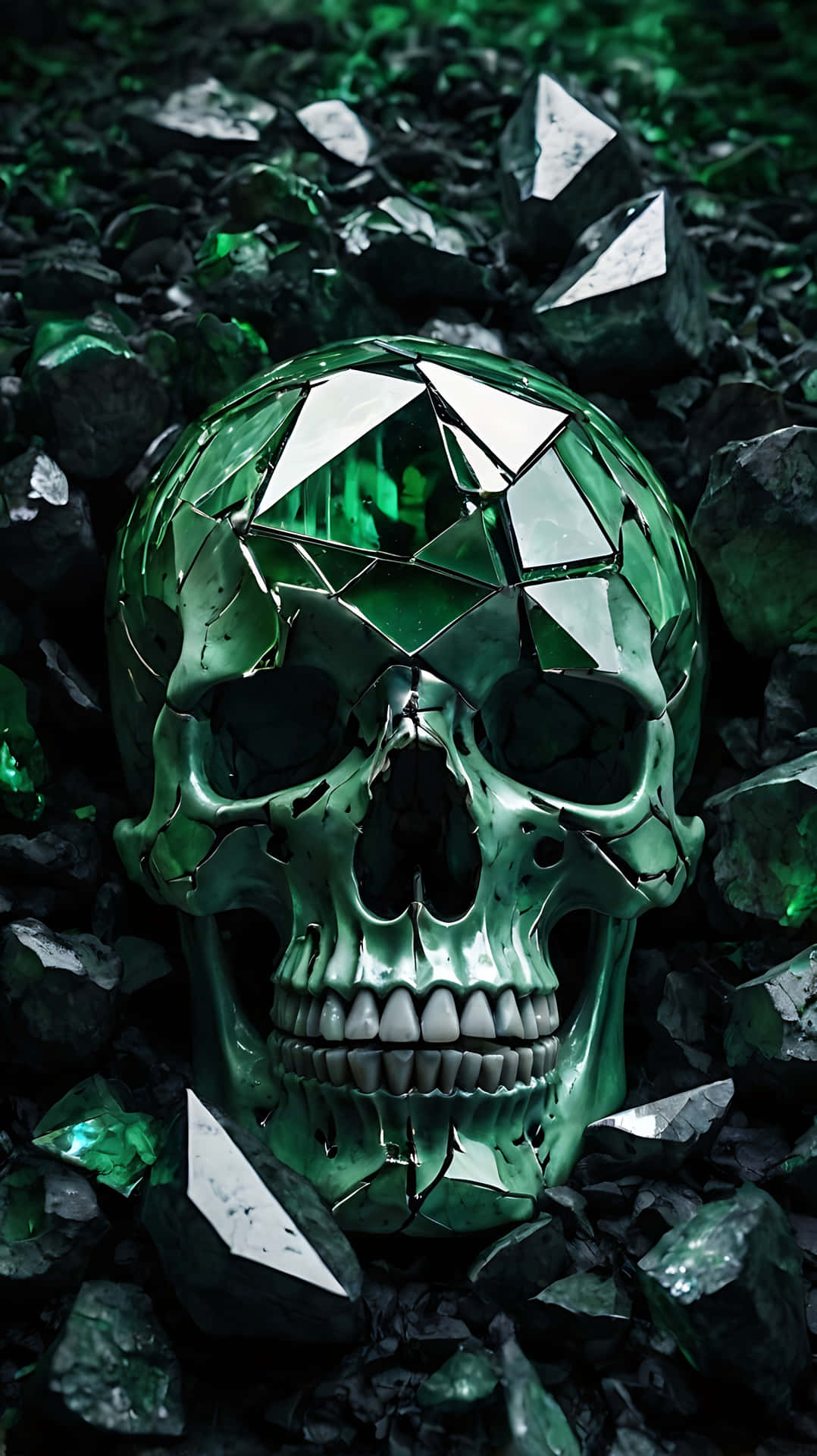 Shattered Skull Reflecting a Dark Fantasy Realm. skull wallpaper 壁紙 — 一個切割面綠色水晶頭骨放置在深綠色寶石之間，營造出陰鬱、高對比度的構圖。