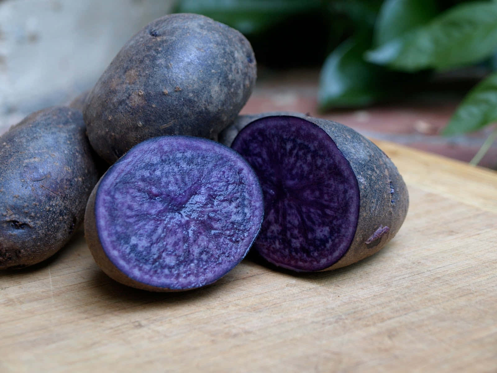 Purple Potato 桌布 壁紙 — 一個切開的紫色馬鈴薯在木製砧板上露出鮮豔的內部果肉，背景有綠葉柔和焦點。