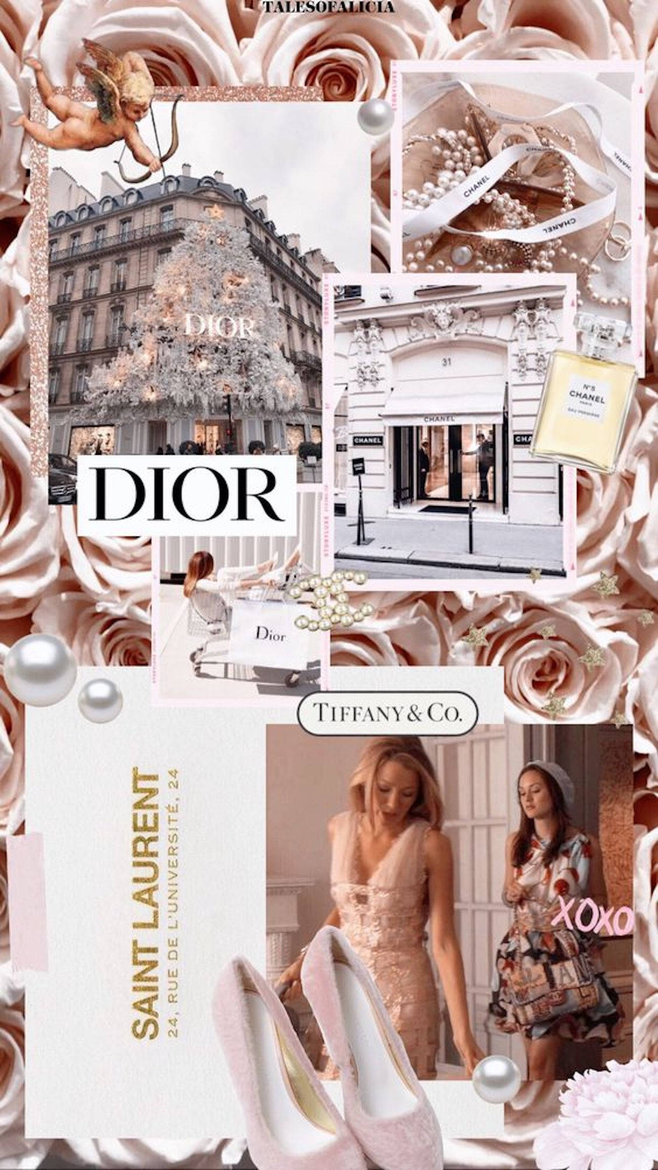 時尚 桌布 壁紙 — 一個別緻的拼貼畫，展示Dior、Chanel和Saint Laurent等奢華時尚品牌，背景是柔和的粉紅玫瑰和珍珠。