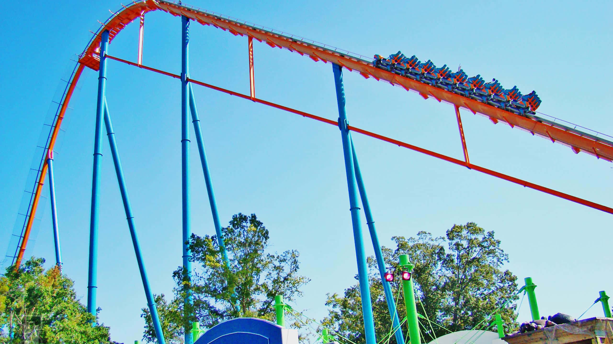 Roller Coaster 桌布 壁紙 — 一個刺激的橙色和藍色雲霄飛車在晴朗的藍天下高高翱翔，下方是綠樹。