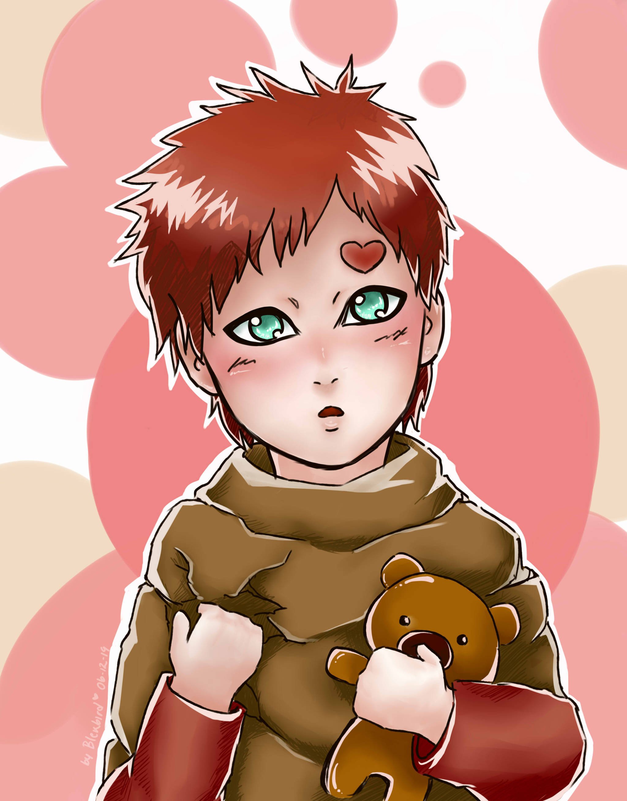 Gaara 桌布 壁紙 — 一個刺蝟紅髮綠眼的Q版動漫男孩，在柔和的粉紅色和米色泡泡背景中抱著一隻泰迪熊。