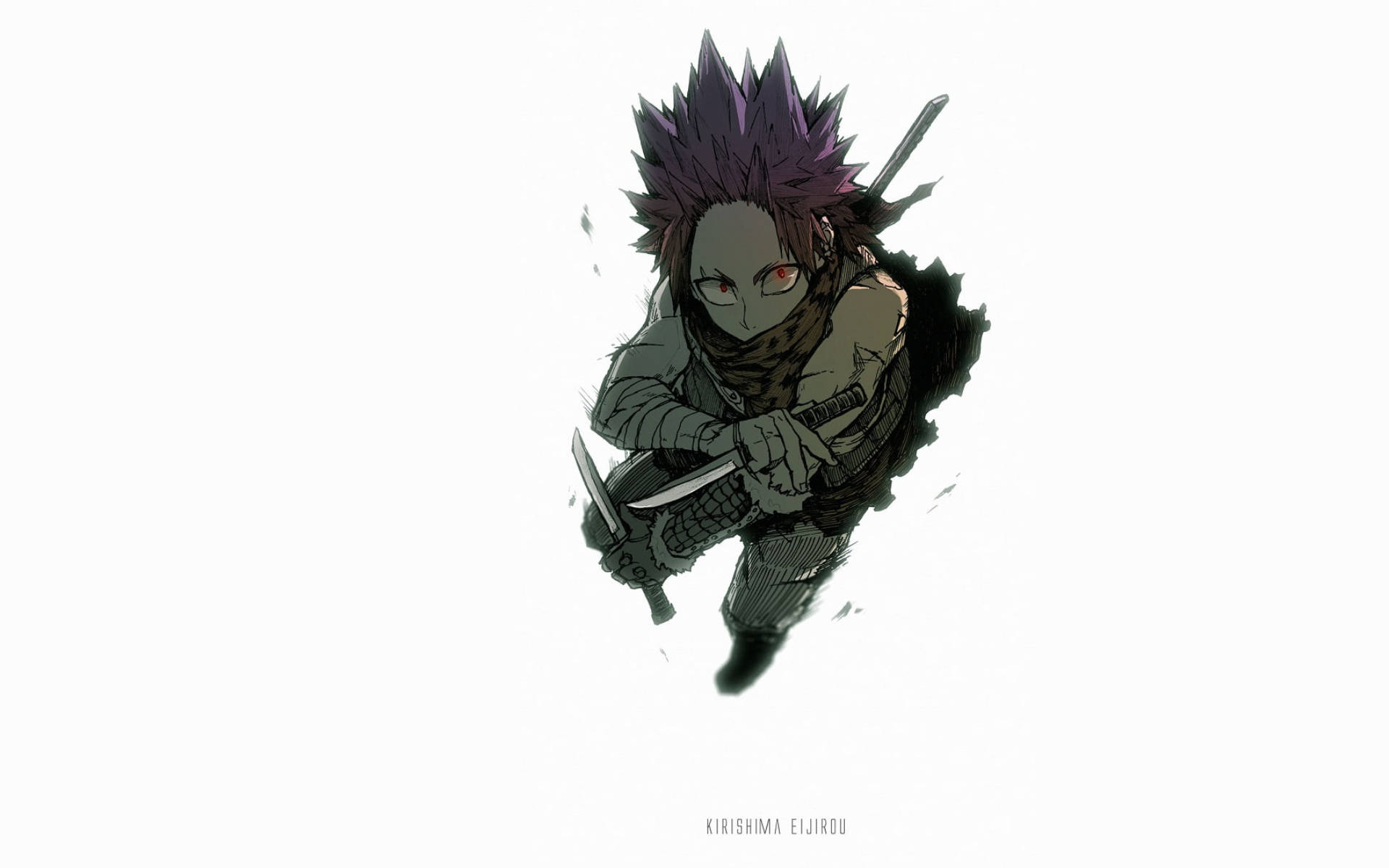 Kirishima 桌布 壁紙 — 一個刺蝟頭、紅眼的動漫戰士，手持雙刀，在純白背景前猛衝。