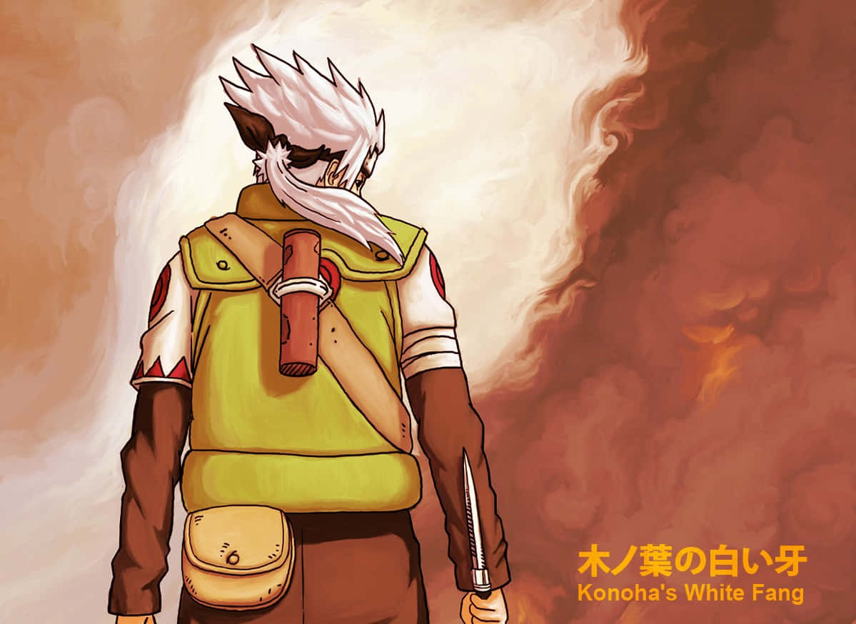 Konoha 桌布 壁紙 — 一個刺蝟頭、身穿綠色背心的動漫忍者，背光站在旋轉的橙色煙霧中，手持苦無。